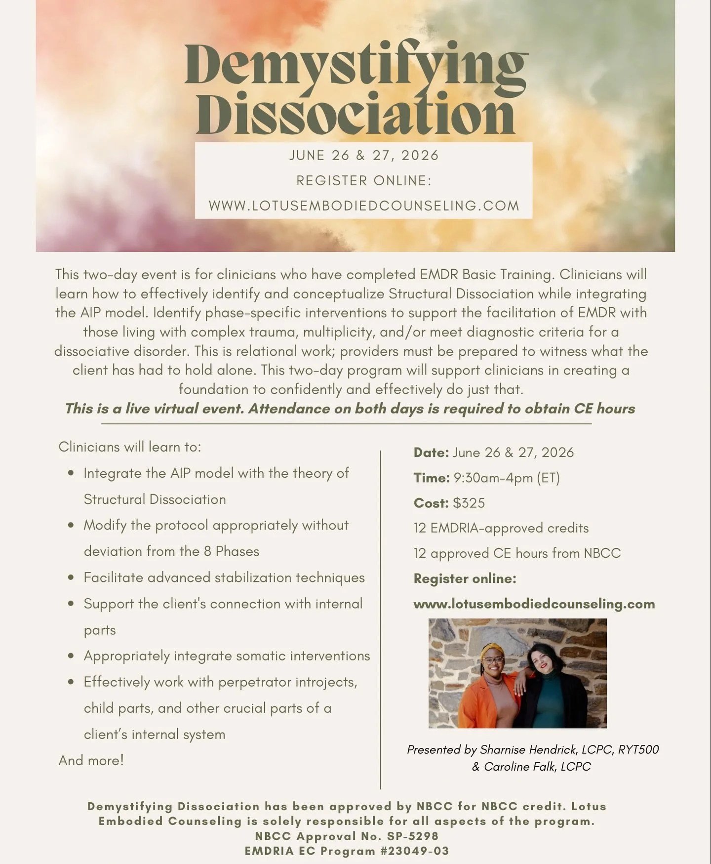 Demystifying Dissociation is back!! After a 2 year hiatus, Carly and Sharnise are offering this training again to EMDR-trained clinicians seeking to enhance their confidence, attunement, and efficacy in working with clients living with dissociation. 