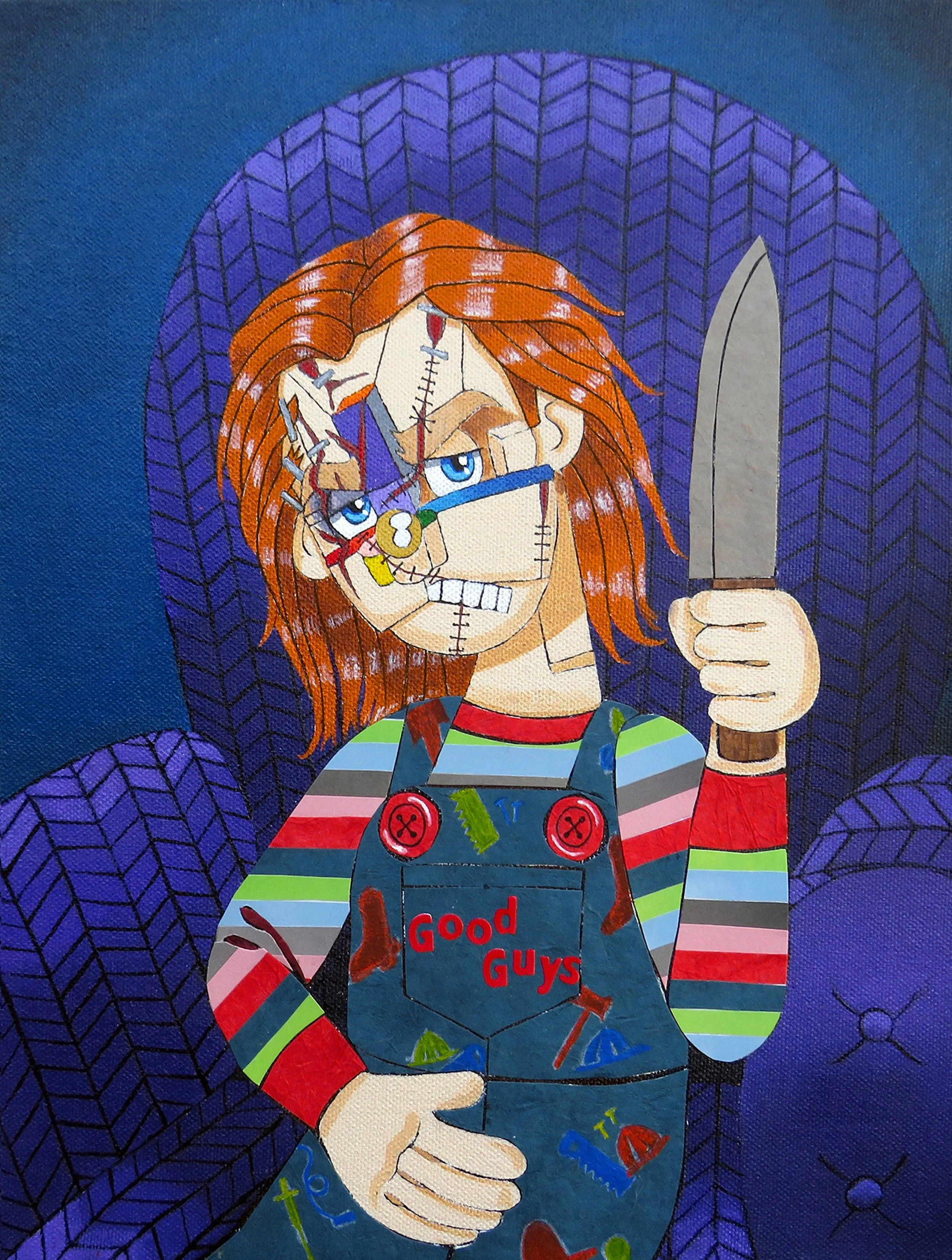 Chucky , 2024
Acrylic, marker, watercolor, ink, sticker, magazine and paper on canvas
13 x 10 inches
Manchester, Connecticut