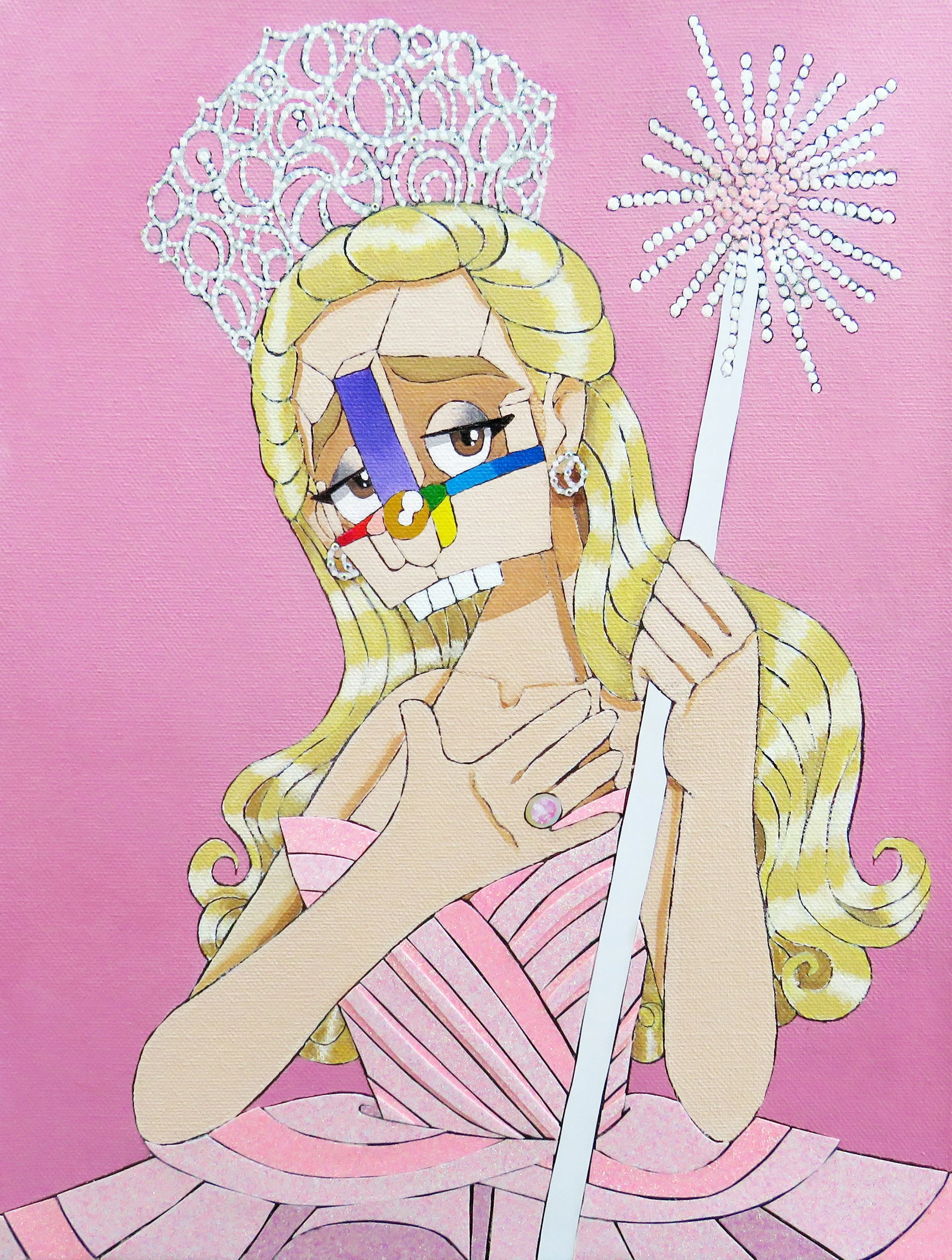 Glinda , 2025
Acrylic, marker, watercolor, ink, glitter, jewel stickers and paper on canvas
13 x 10 inches
Manchester, Connecticut