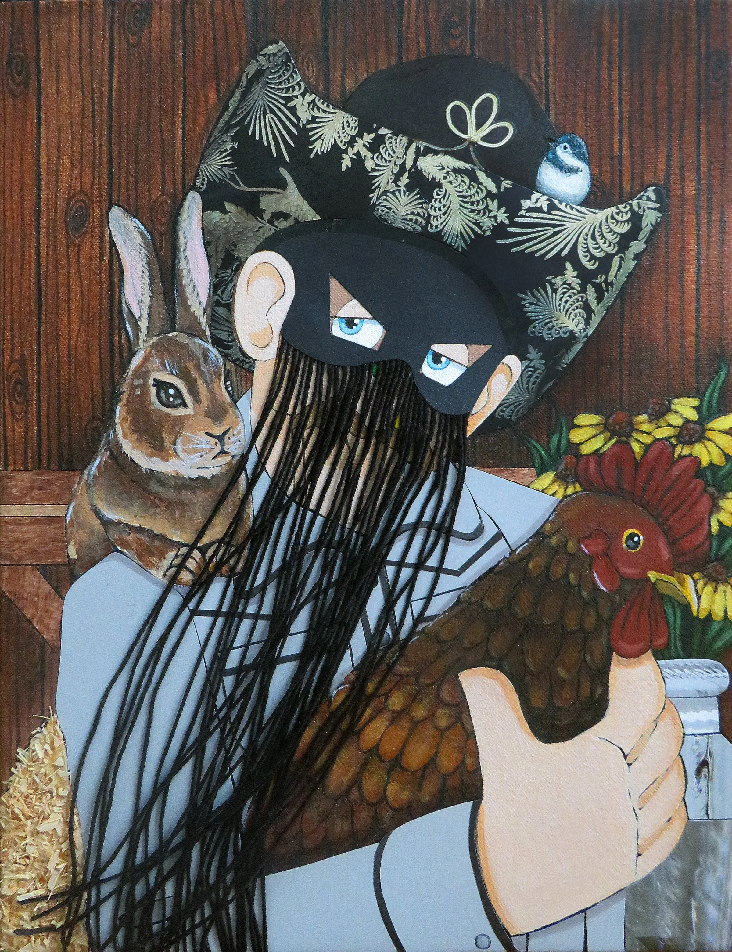   Orville Peck  , 2026 
Acrylic, watercolor, marker, ink, bamboo cord, raffia and paper on canvas 
13 x 10 inches 
Manchester, Connecticut
