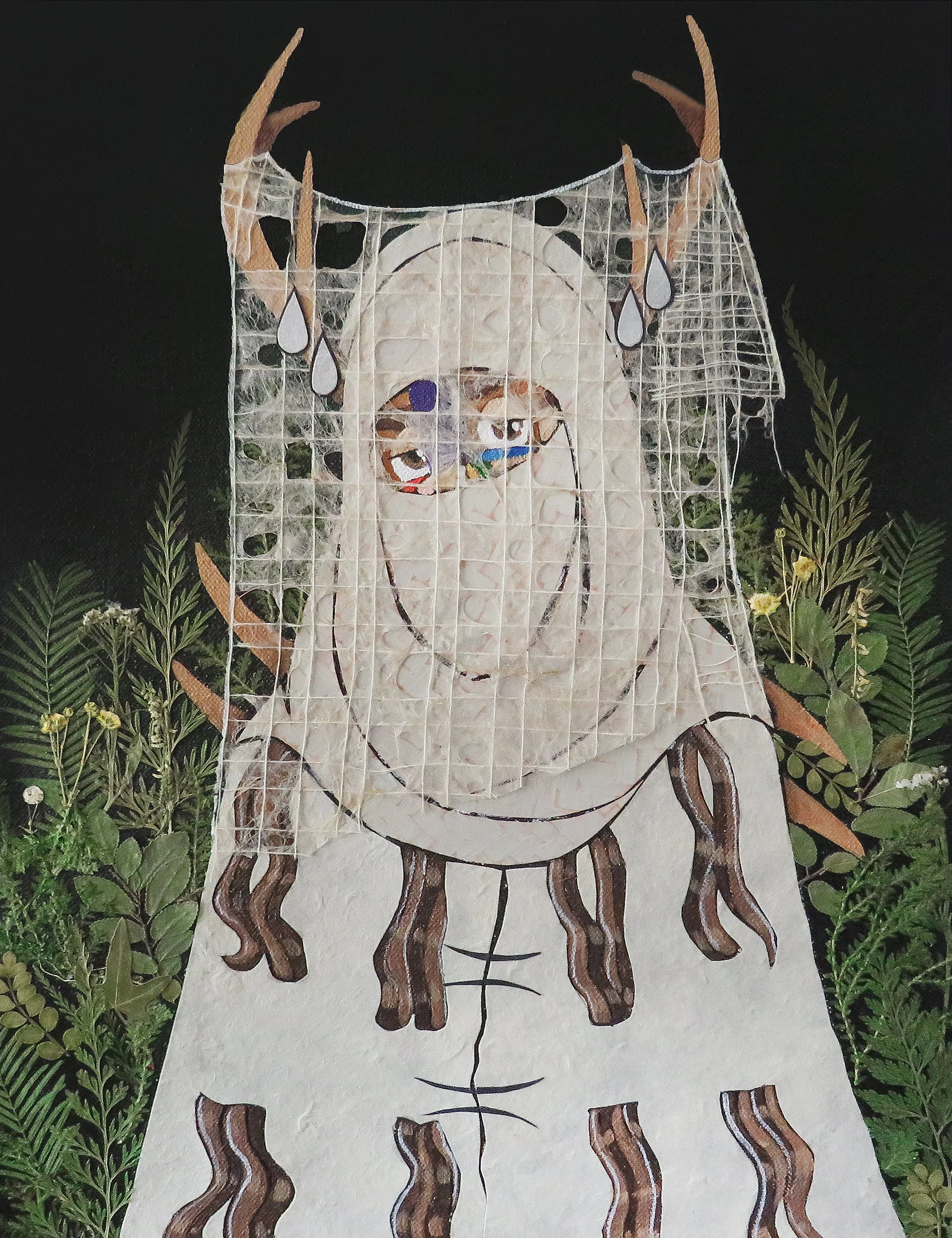 The Antler Queen , 2024
Acrylic, marker, ink, paper and pressed flowers on canvas
12 x 10 inches
Manchester, Connecticut