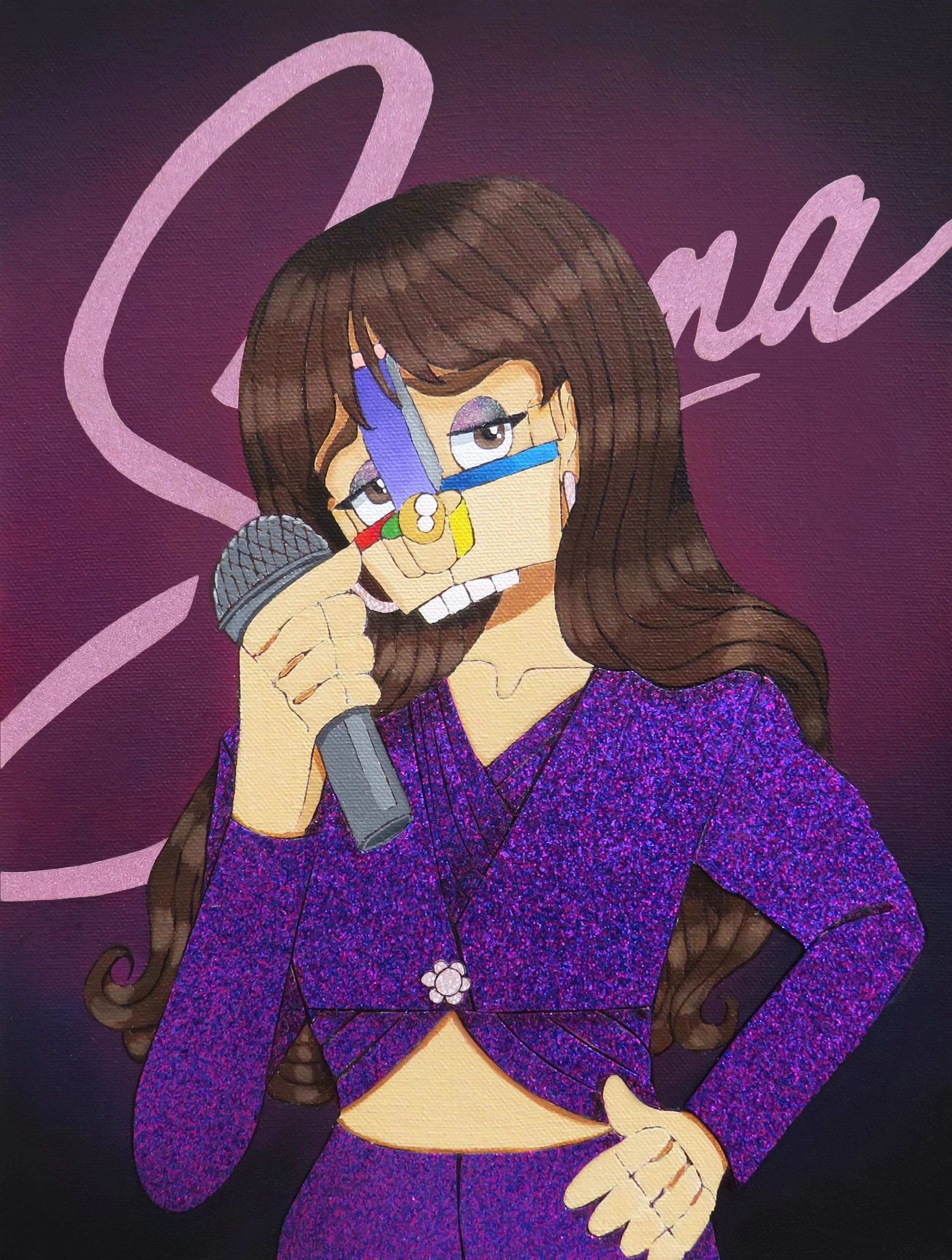Selena: Live! From Astrodome , 2025
Acrylic, marker, ink, watercolor, glitter and paper on canvas
13 x 10 inches
Manchester, Connecticut