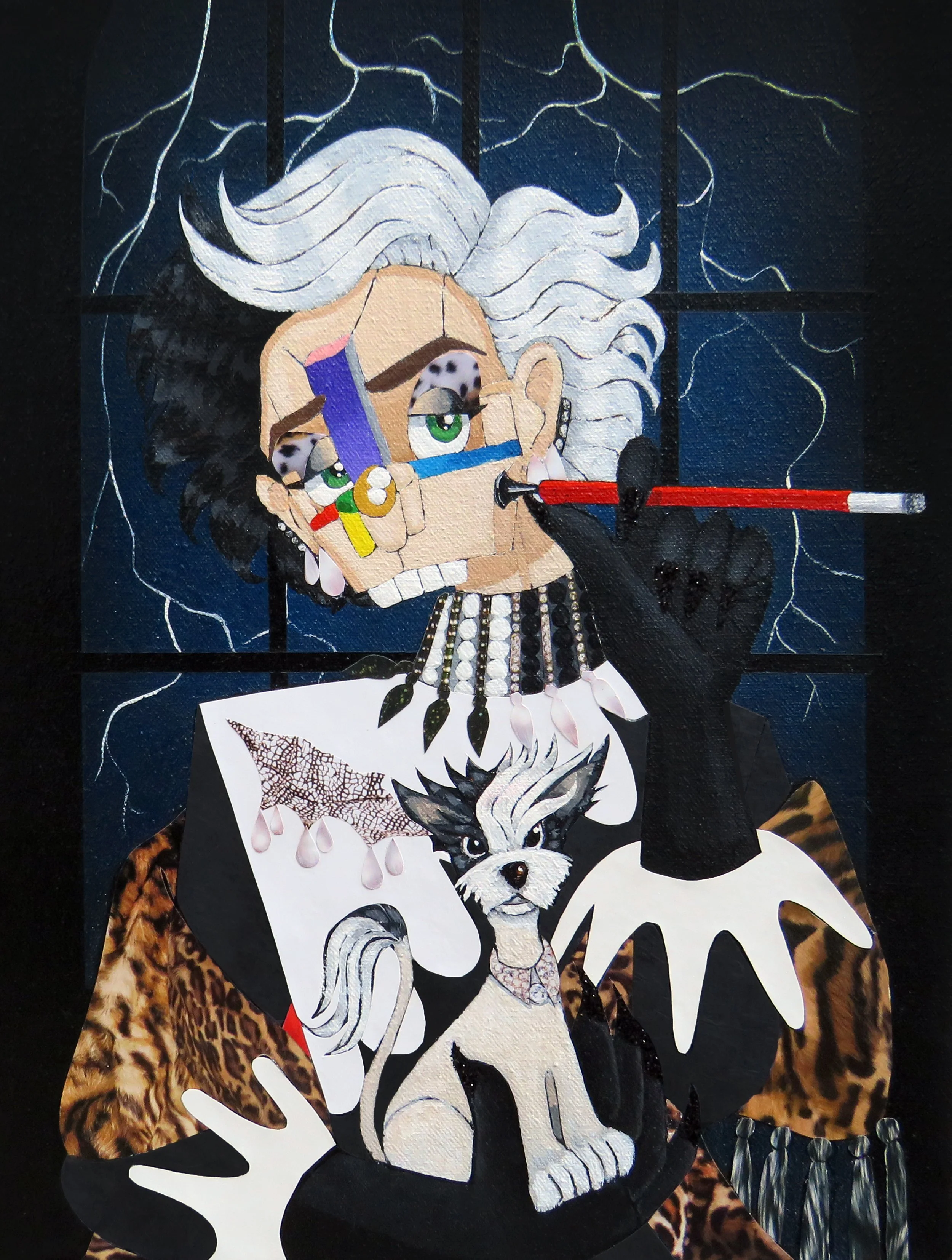 Cruella De Vil & Fluffy , 2025
Acrylic, marker, ink, glitter, magazine and paper on canvas
13 x 10 inches
Manchester, Connecticut