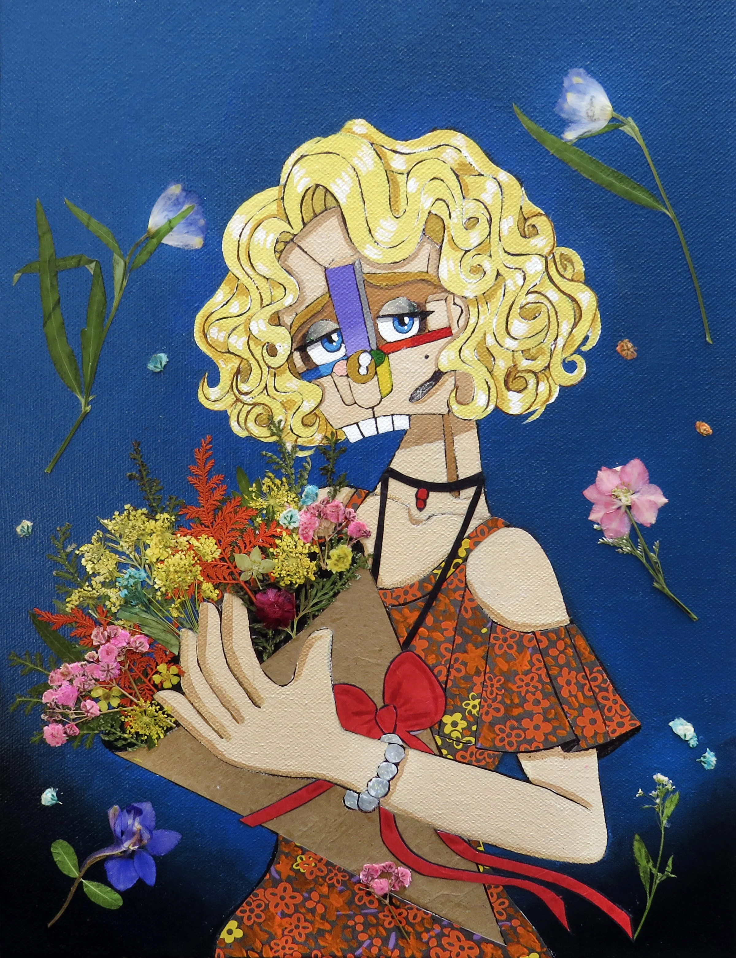 Sara Chase as Myrtle Wilson , 2024
Acrylic, marker, ink, glitter, pressed leaves, magazine and paper on canvas
13 x 10 inches
Manchester, Connecticut