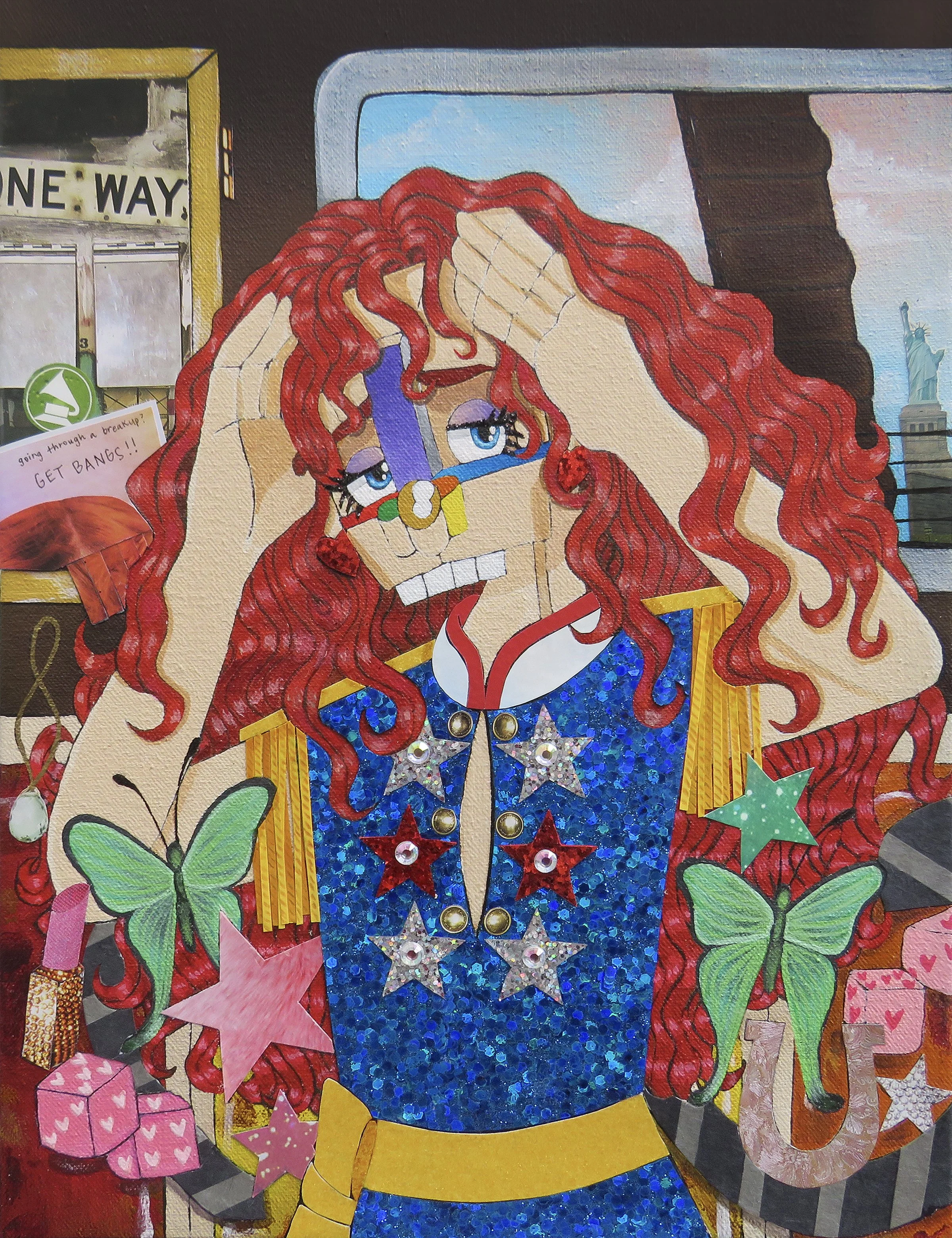 Chappell Roan on The Subway , 2025
Acrylic, marker, ink, colored pencil, jewel sticker, glitter, magazine and paper on canvas
13 x 10 inches
Manchester, Connecticut