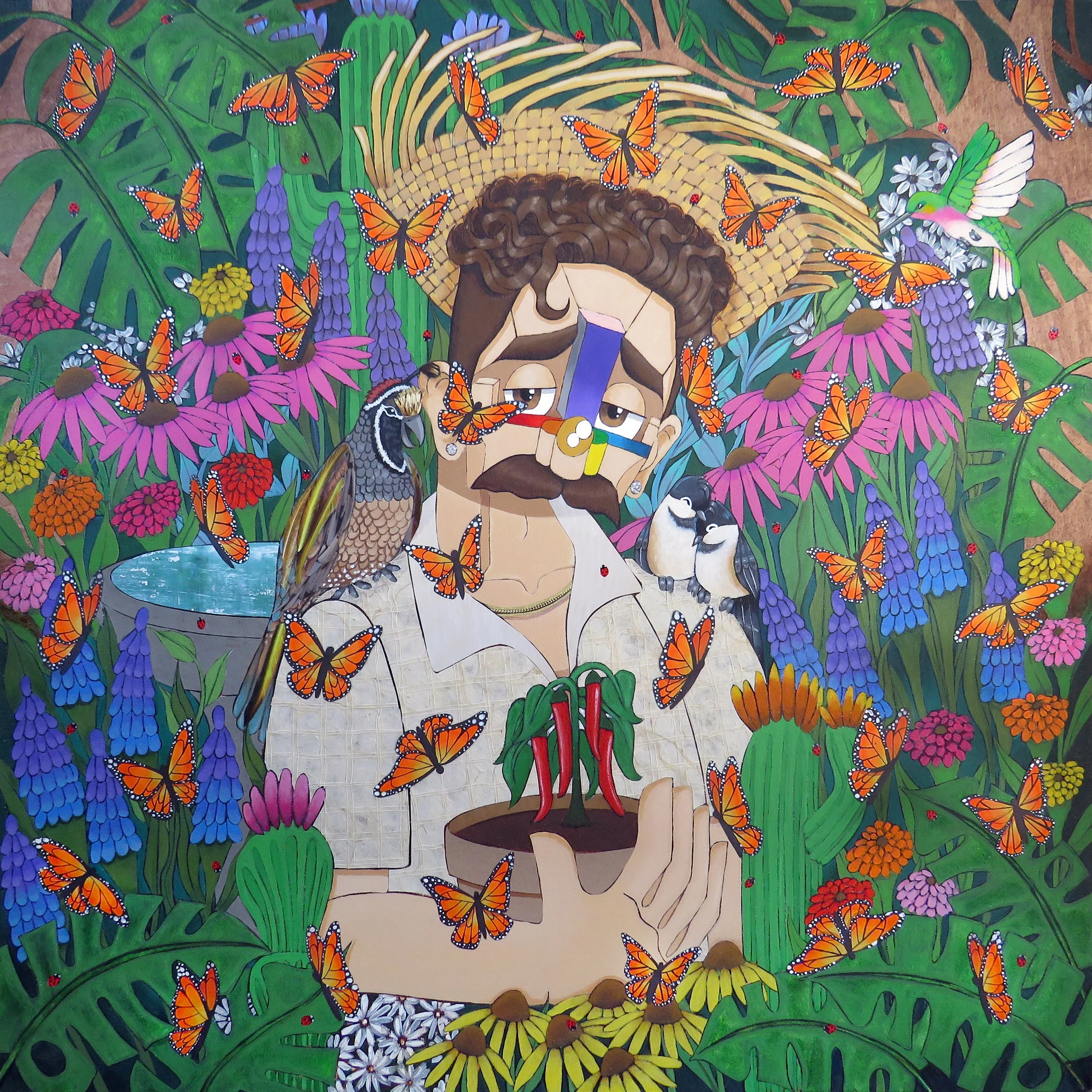   Brown Boy in the Garden  , 2026 
Acrylic, marker, ink, colored pencil and paper on canvas 
30 x 30 inches 
Manchester, Connecticut