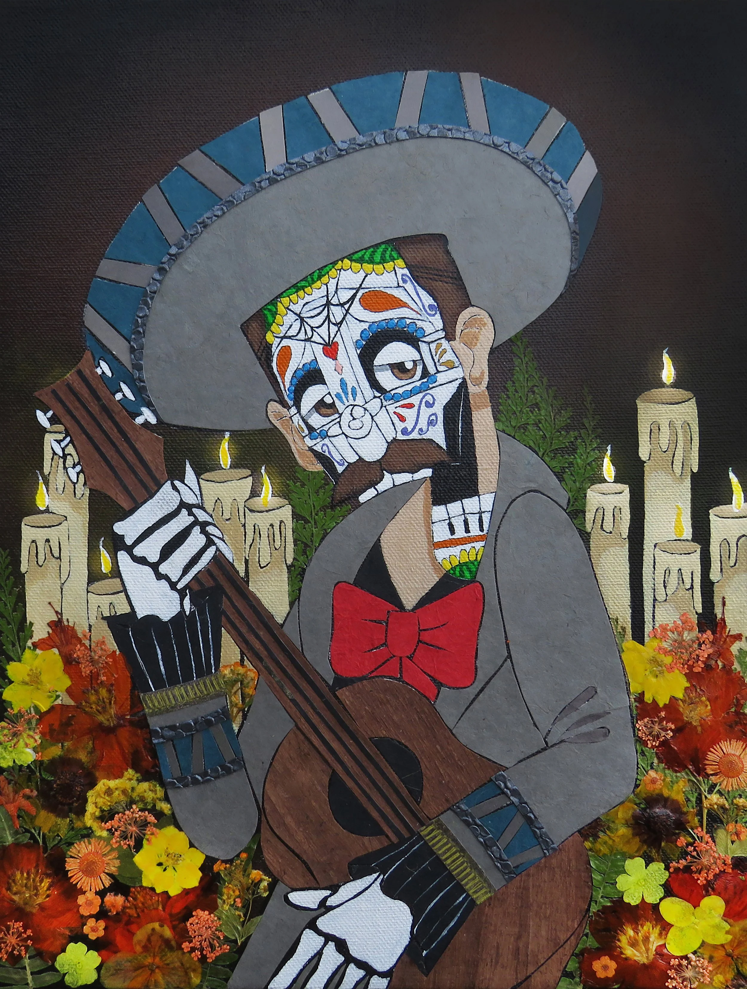 Maquillaje Catrin Hombre , 2024
Acrylic, watercolor, ink, pressed flowers, magazine and paper on canvas
13 x 10 inches
Manchester, Connecticut