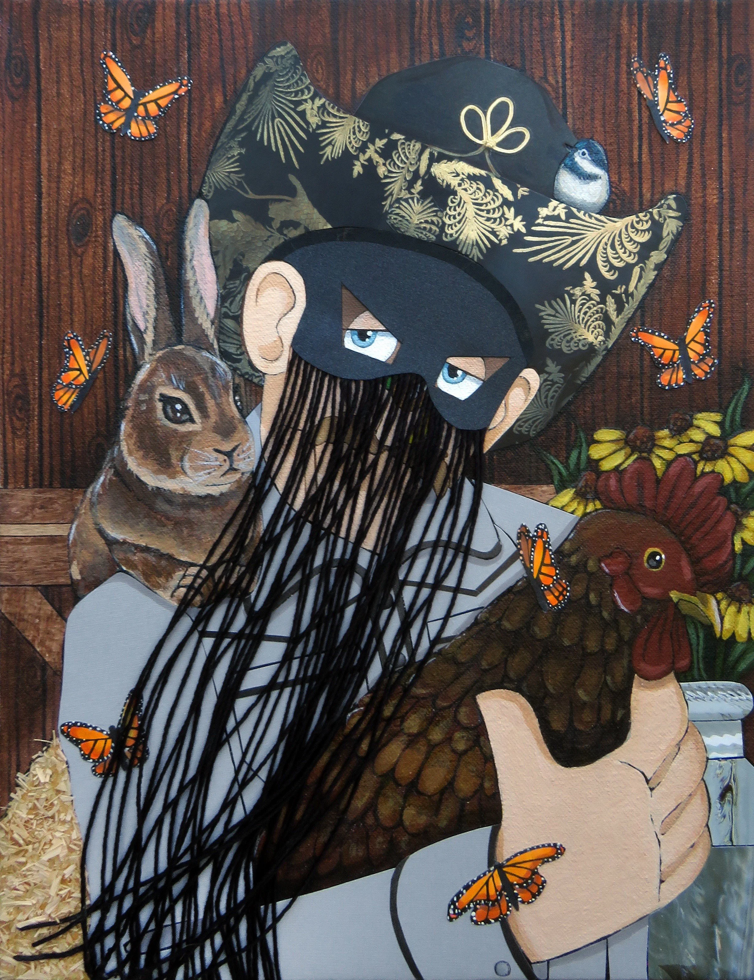   Orville Peck  , 2026 
Acrylic, watercolor, marker, ink, bamboo cord, raffia and paper on canvas 
13 x 10 inches 
Manchester, Connecticut