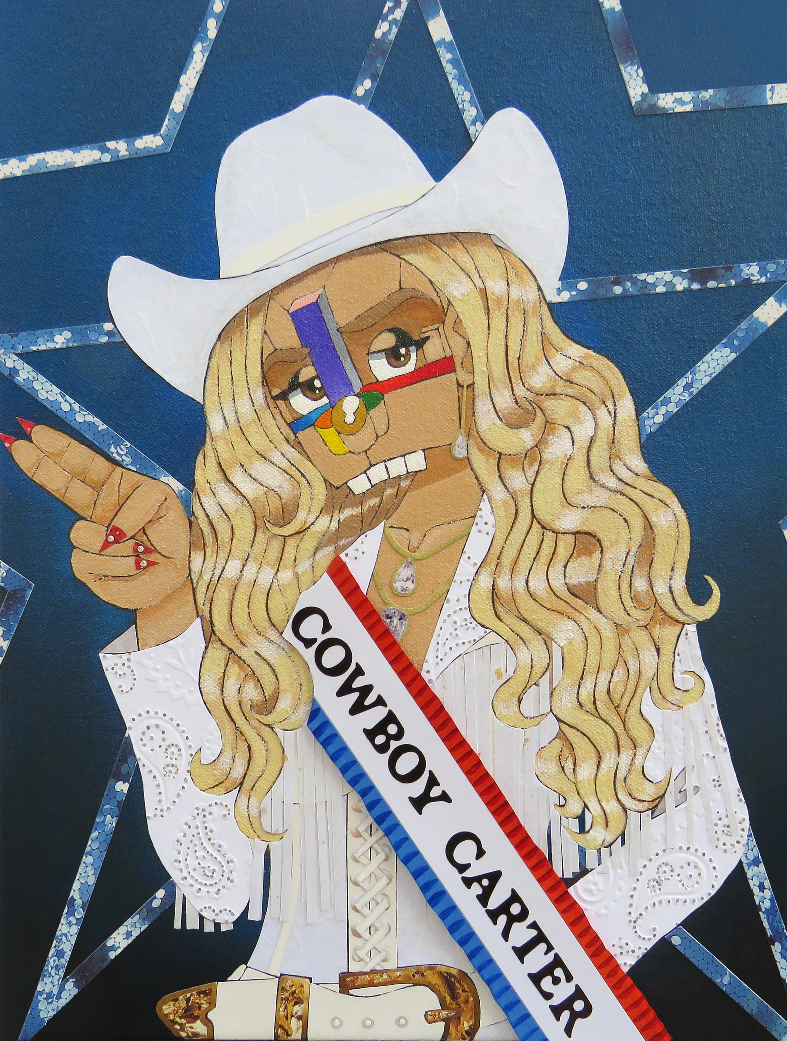 Beyoncé: Cowboy Carter Tour , 2025
Acrylic, watercolor, marker, ink, colored pencil, glitter, jewel sticker, magazine and paper on canvas
13 x 10 inches
Manchester, Connecticut