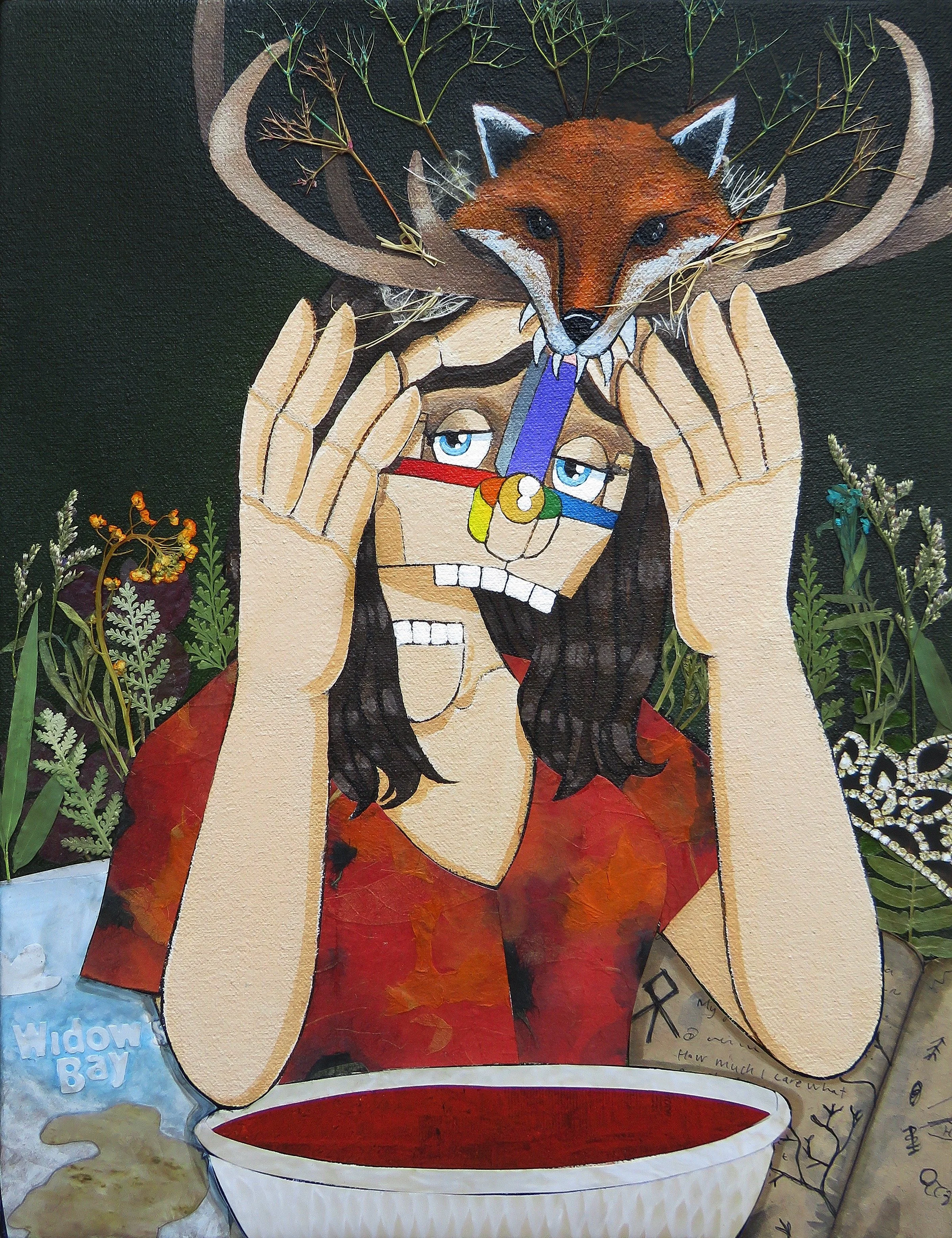   Patricia from Widow's Bay  , 2026 
Acrylic, watercolor, marker, ink, dried flowers, raffia and paper on canvas 
13 x 10 inches 
Manchester, Connecticut