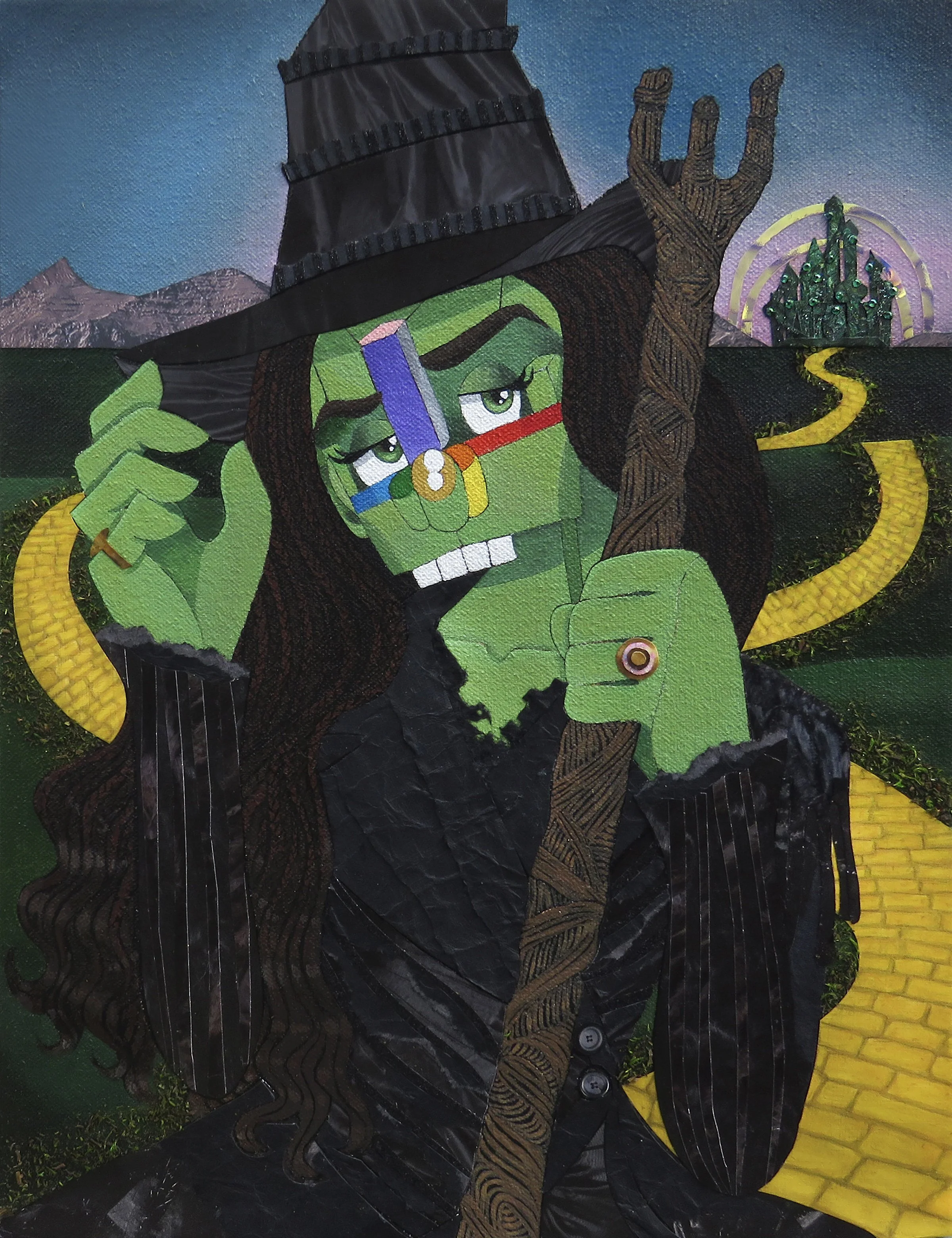   Elphaba from Wicked: For Good  , 2025 
Acrylic, marker, ink, colored pencil,  jewel stickers, glitter, preserved moss and paper on canvas 
13 x 10 inches 
Manchester, Connecticut