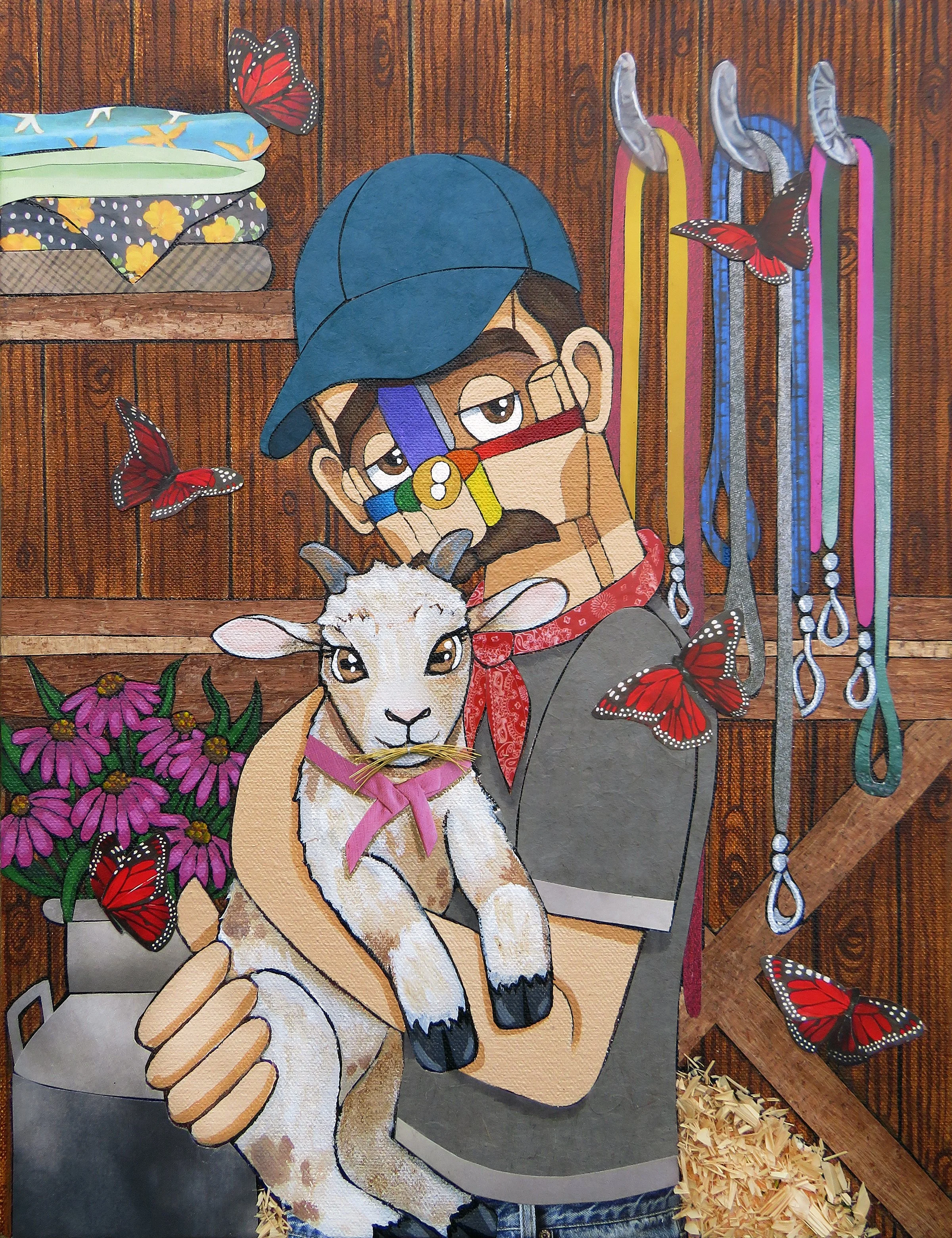   Barn Baby  , 2026 
Acrylic, marker, ink, raffia  and paper on canvas 
13 x 10 inches 
Manchester, Connecticut
