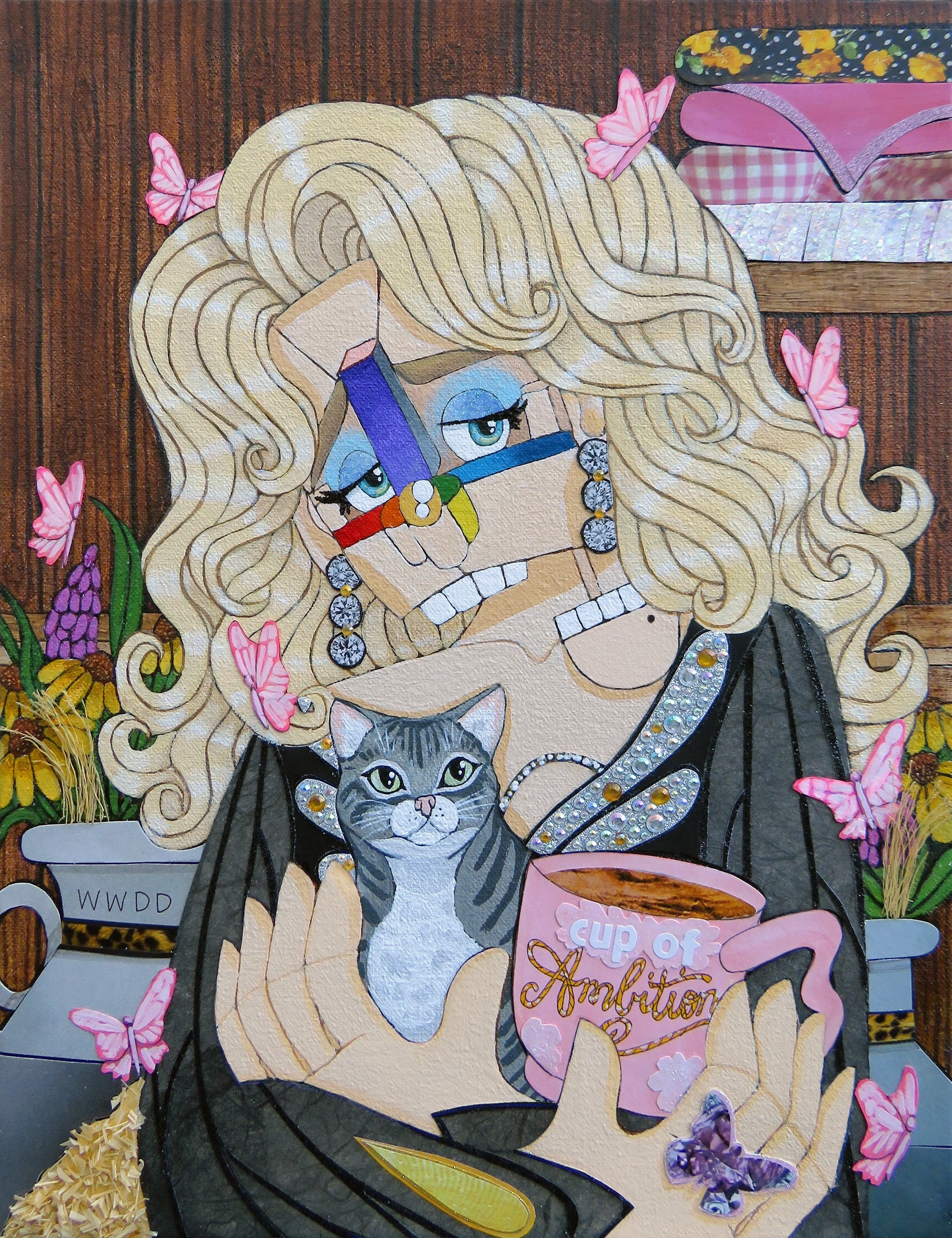   Dolly Parton,   2026 
Acrylic, watercolor, marker, ink, colored pencil,  jewel stickers, raffia, glitter and paper on canvas 
13 x 10 inches 
Manchester, Connecticut
