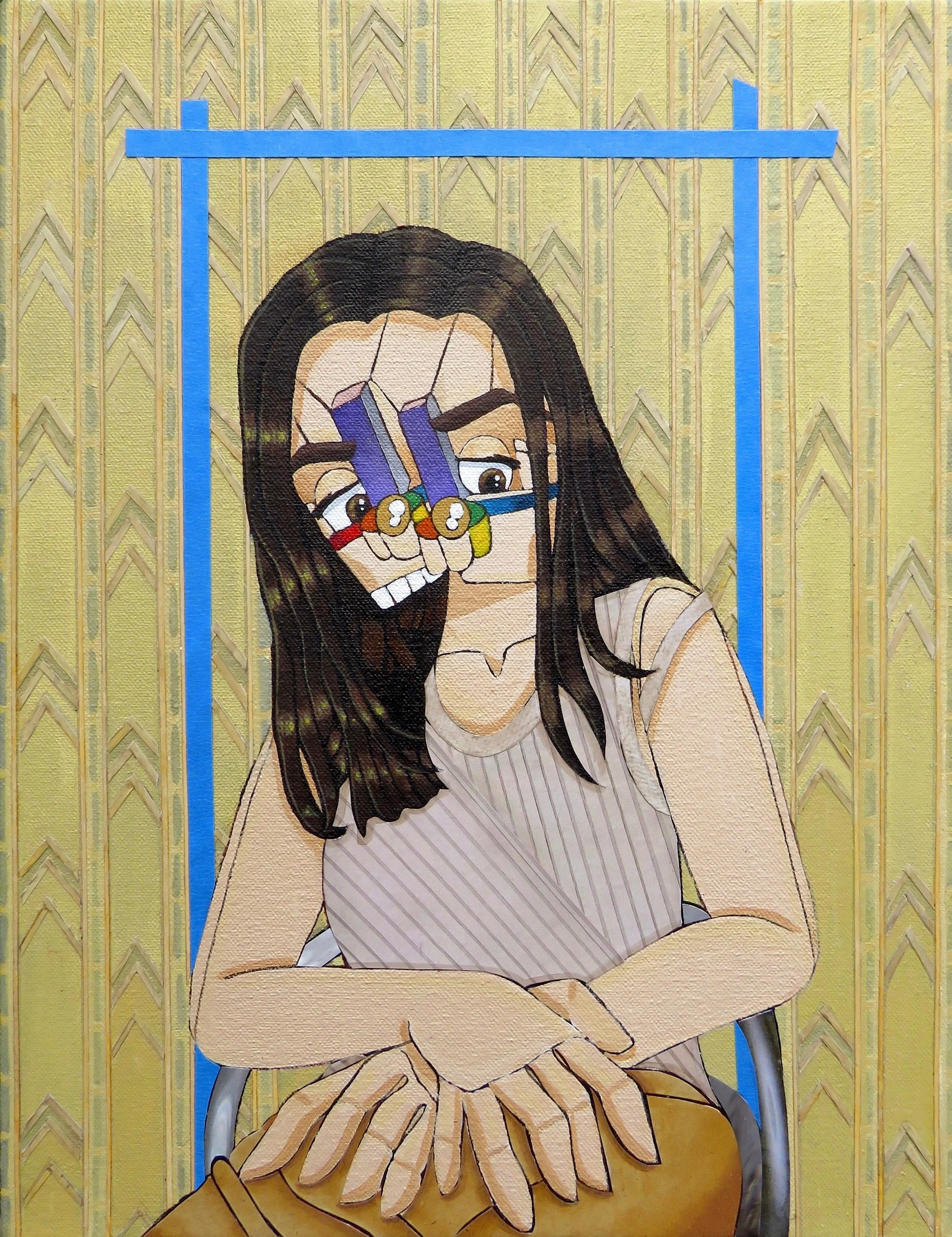   Mary from Backrooms  , 2026 
Acrylic, marker, ink, colored pencil paper and painter's tape on canvas 
13 x 10 inches 
Manchester, Connecticut