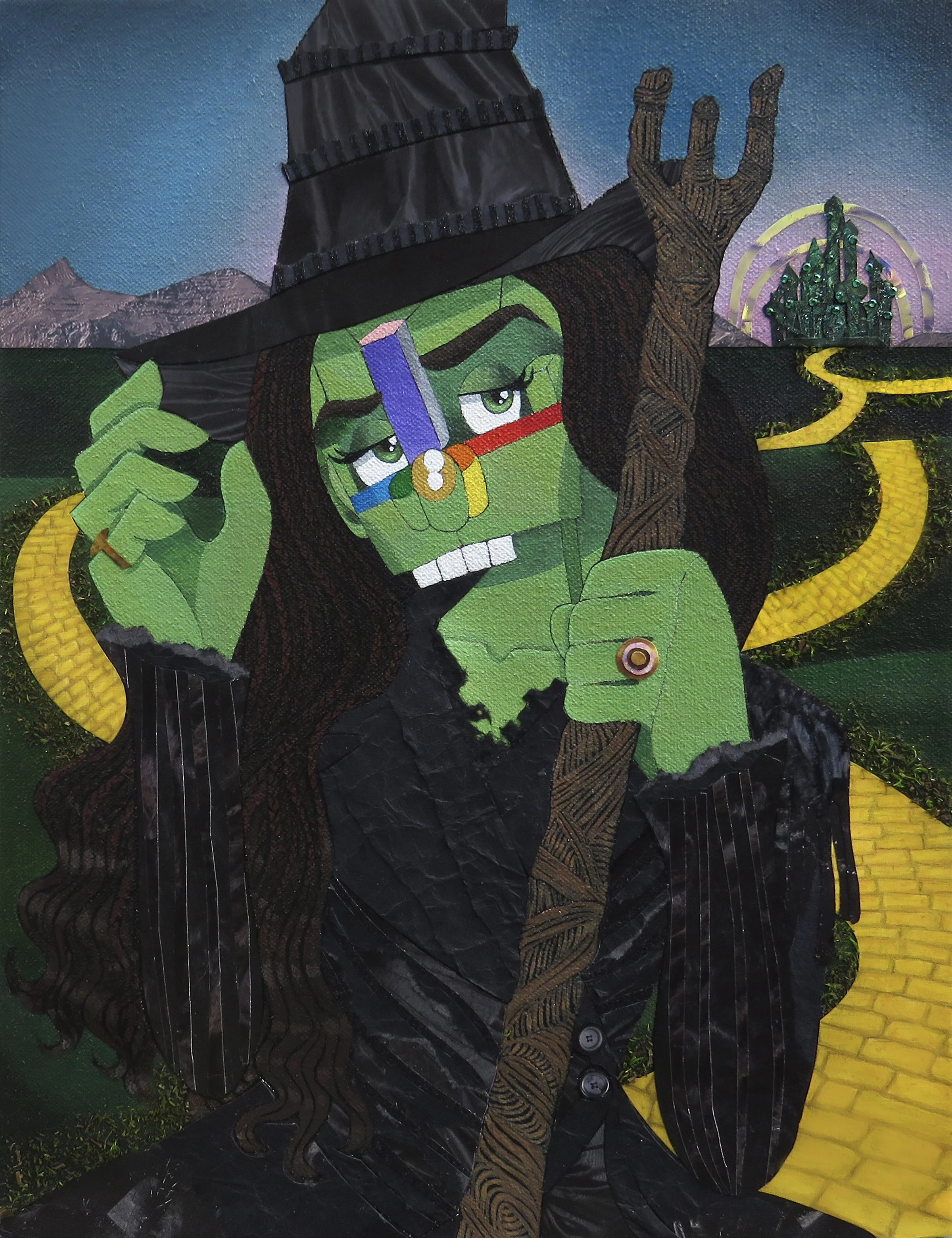  Elphaba from Wicked: For Good  , 2025 
Acrylic, marker, ink, colored pencil, jewel stickers, glitter, preserved moss and paper on canvas 
13 x 10 inches 
Manchester, Connecticut
