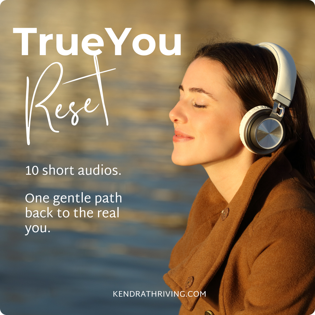 A woman with closed eyes wearing headphones, sitting outdoors near water during sunset, promoting an audio program called TrueYou Reset with 10 short audios, on kendrathriving.com.