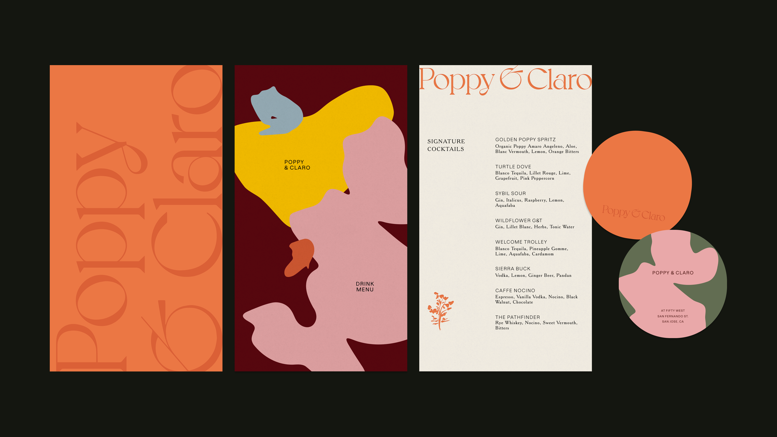 A digital flat-lay arrangement of a drink menu, signature cocktail list, and abstract brand coasters, illustrating how a restaurant website design translates physical branding into a digital gallery.