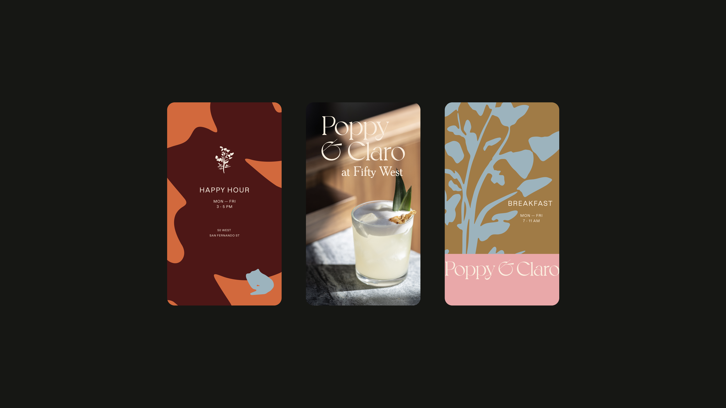 Three smartphone screens displaying restaurant website design elements, including a Happy Hour promotion with abstract patterns, a cocktail photo, and a botanical-themed breakfast menu.