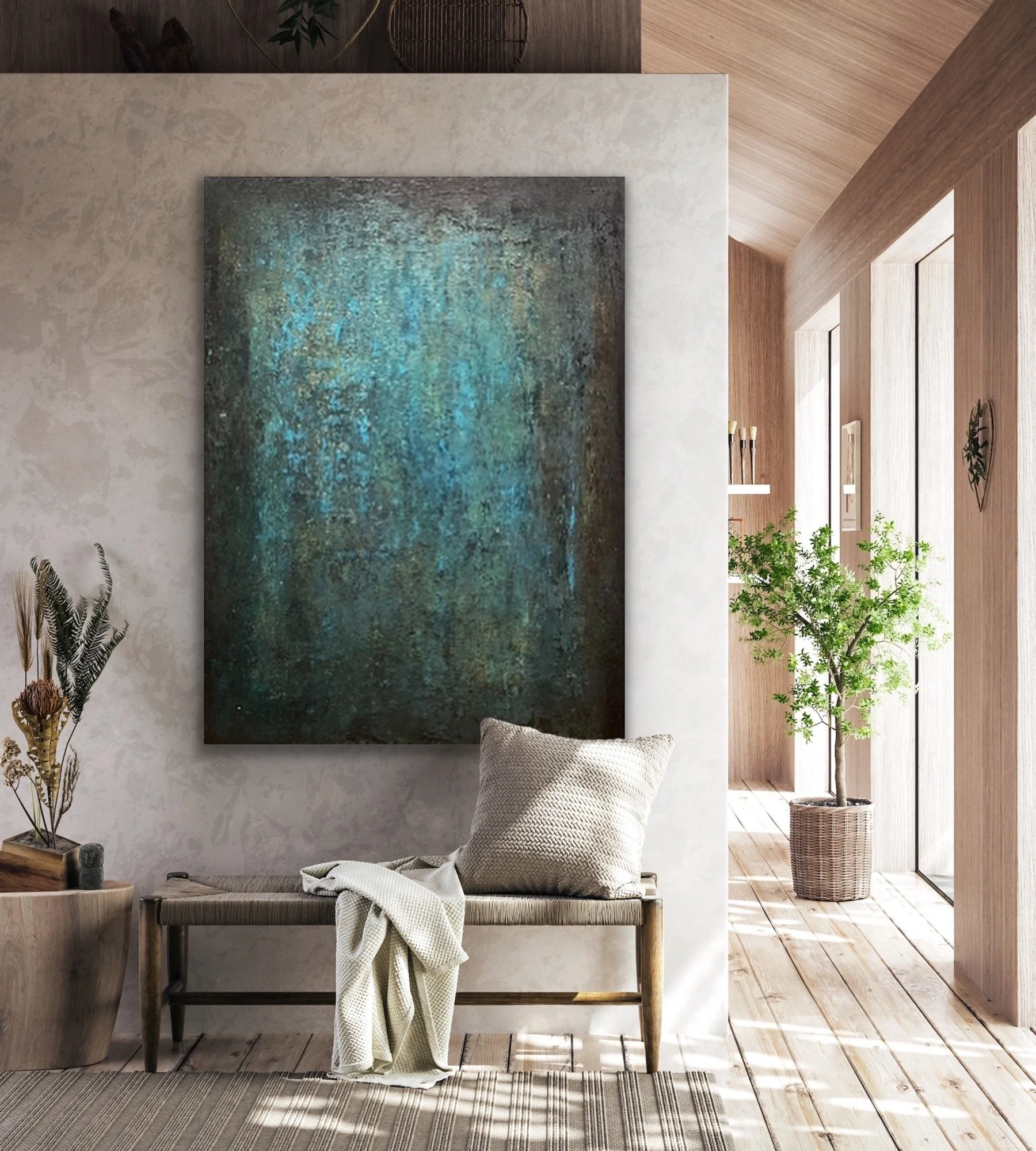 “Blue Cavern” is an original abstract mixed media atmospheric painting .