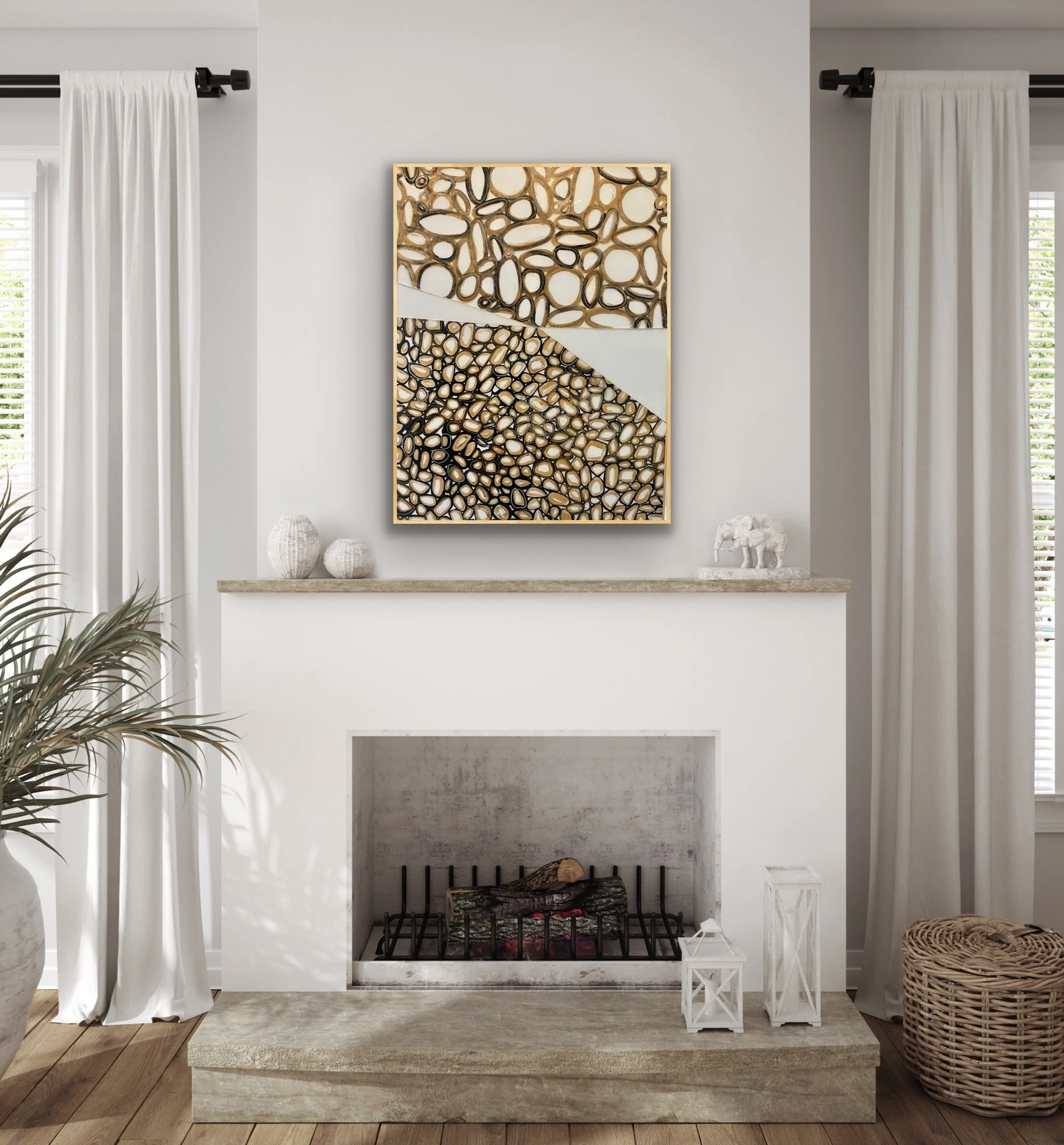 “Connection” is an original abstract mixed media and resin painting with a natural birchwood frame.