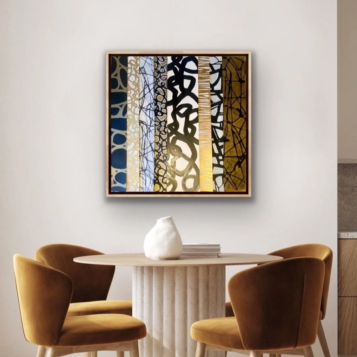 “Equanimity” is an original abstract mixed media with resin painting on gallery-grade wood panel.