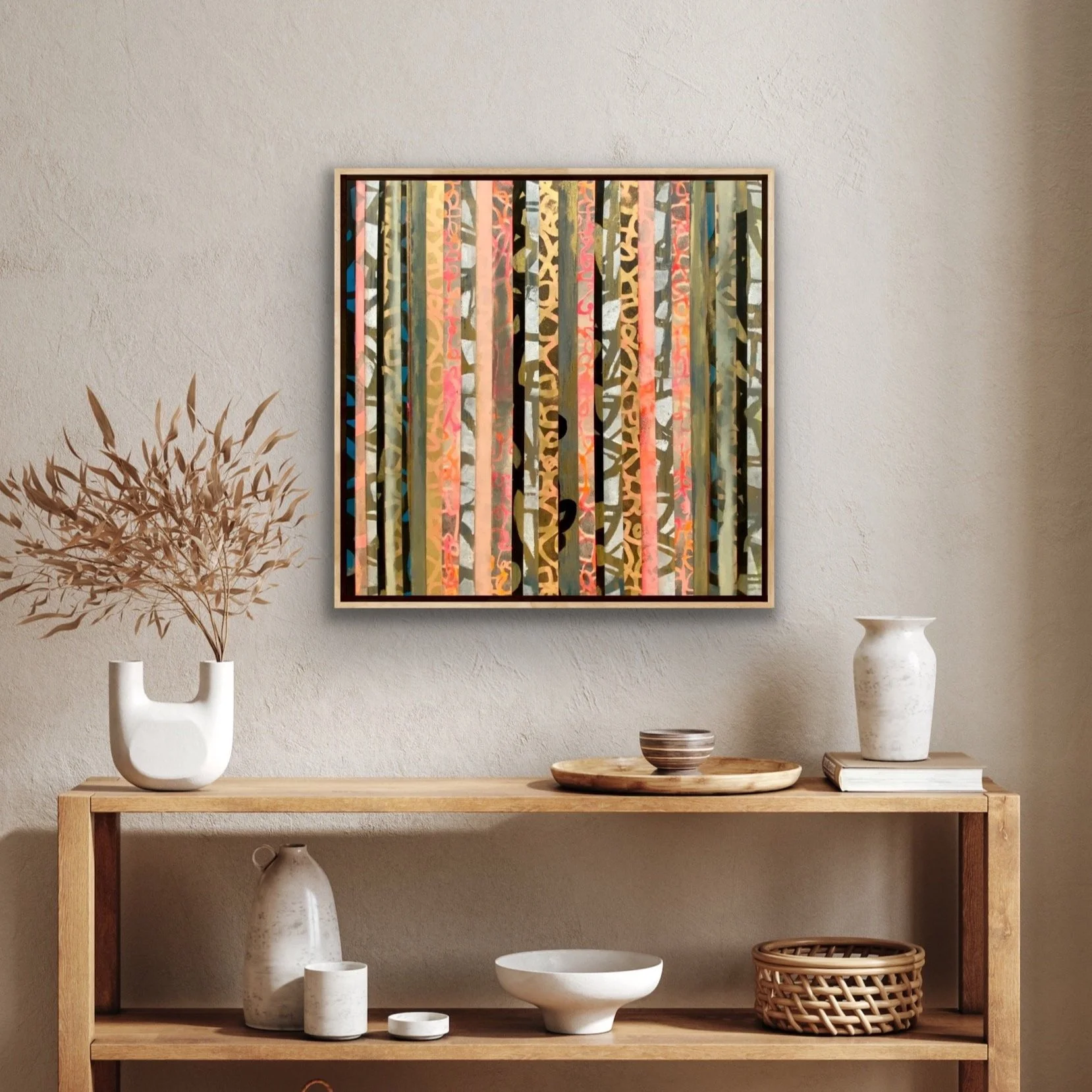 “Antigua” is an original abstract mixed media with resin painting on gallery-grade wood panel.