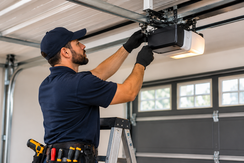 Technician working on a residential garage door opener