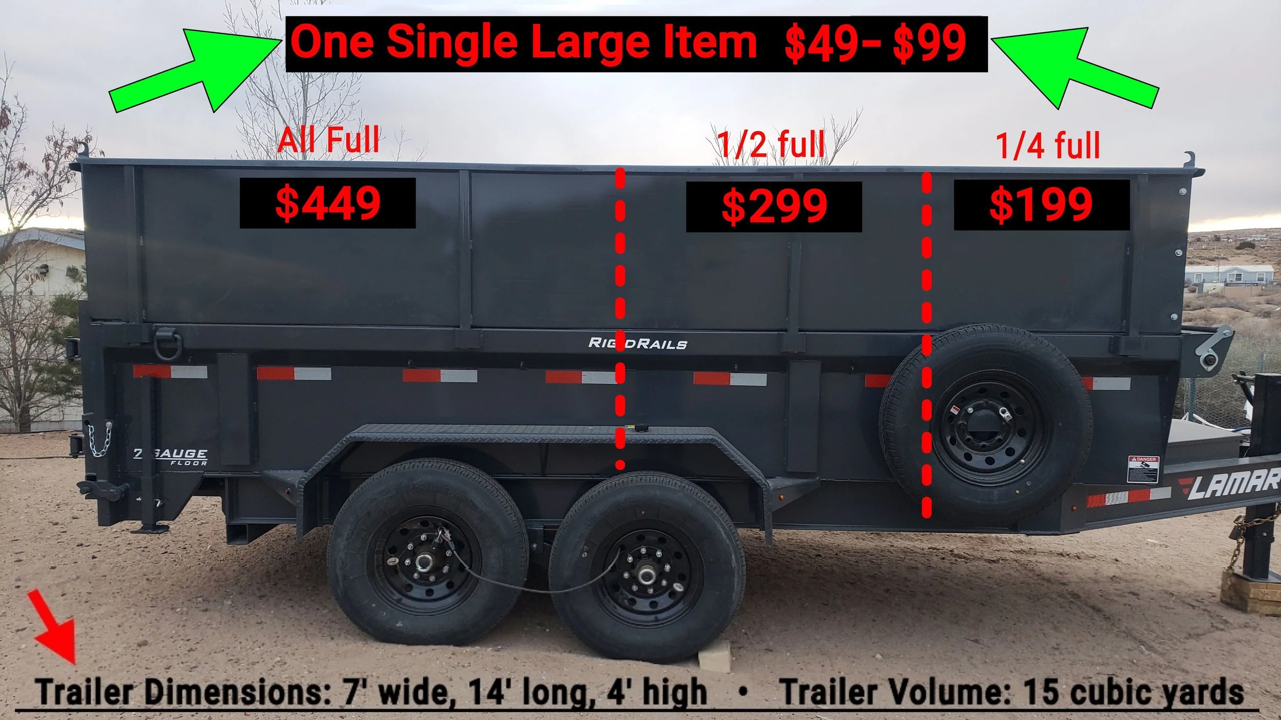 A black utility trailer with red and white reflective tape, large black wheels with multiple tires, and a sign indicating trailer dimensions and pricing options. The background shows an outdoor landscape with trees and houses under a cloudy sky.