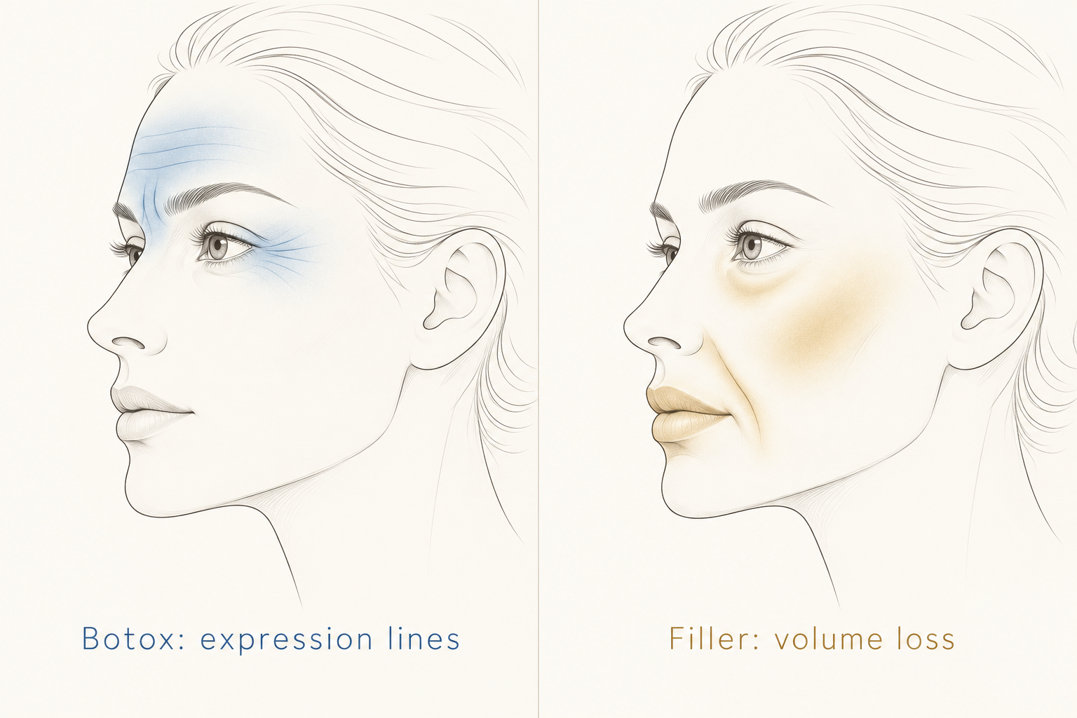 Illustration comparing dynamic wrinkles treated with Botox and volume loss treated with dermal filler