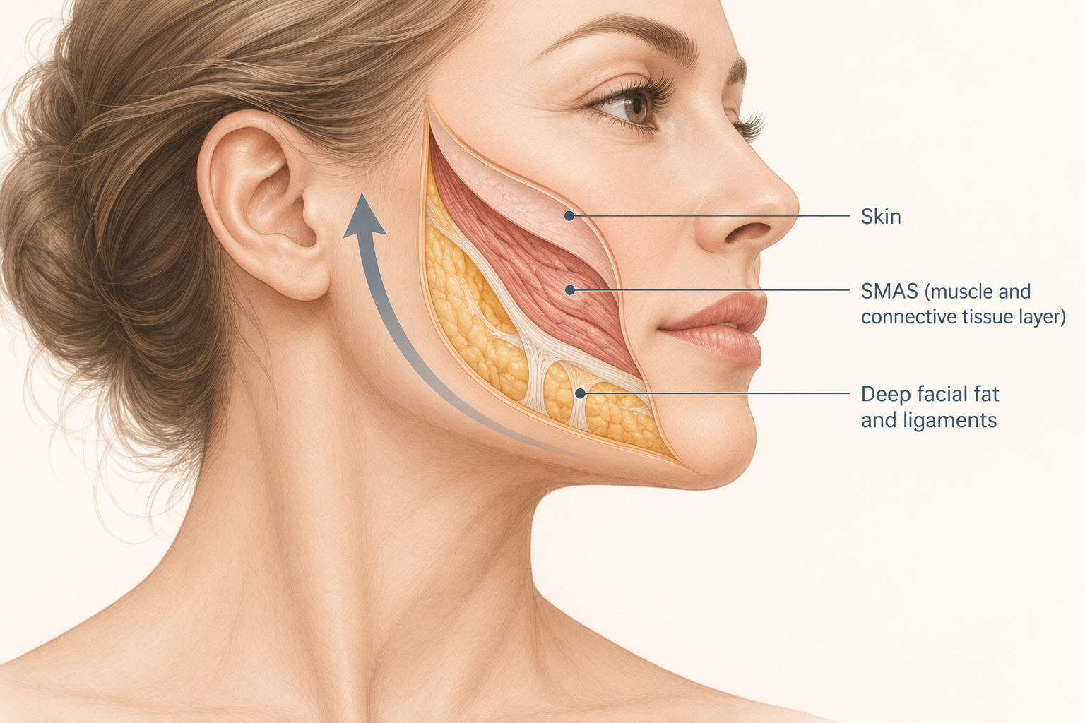 Illustration of the skin, SMAS, and deep facial layers repositioned during a facelift