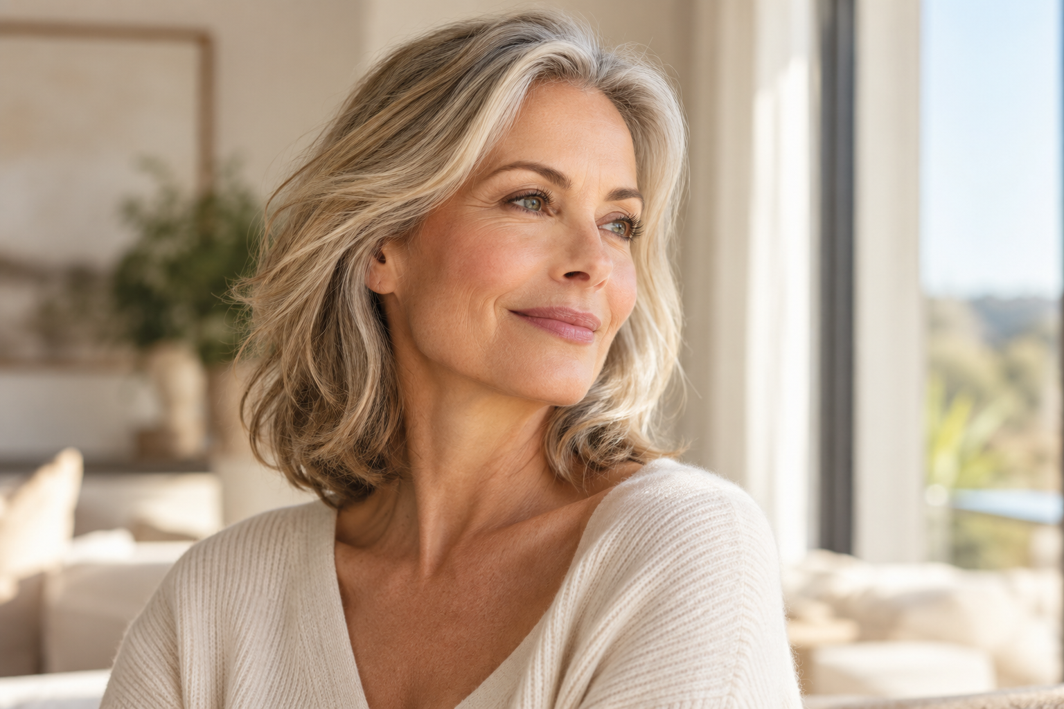 Woman in her late 50s with a natural, defined jawline after facelift surgery in Dallas