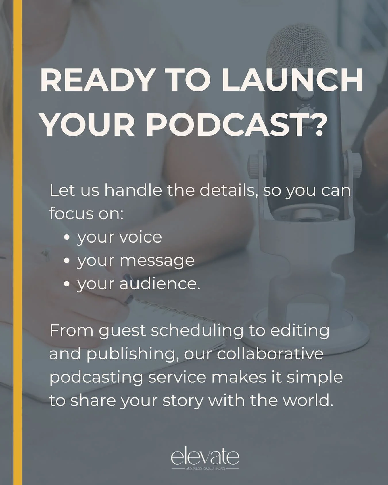 Dreaming of starting a podcast but not sure where to begin?
&nbsp;
We take care of the behind-the-scenes work so you can shine in the spotlight. In partnership with Smart Podcast Solutions, we can take your podcast from an idea to ready for launch! ?