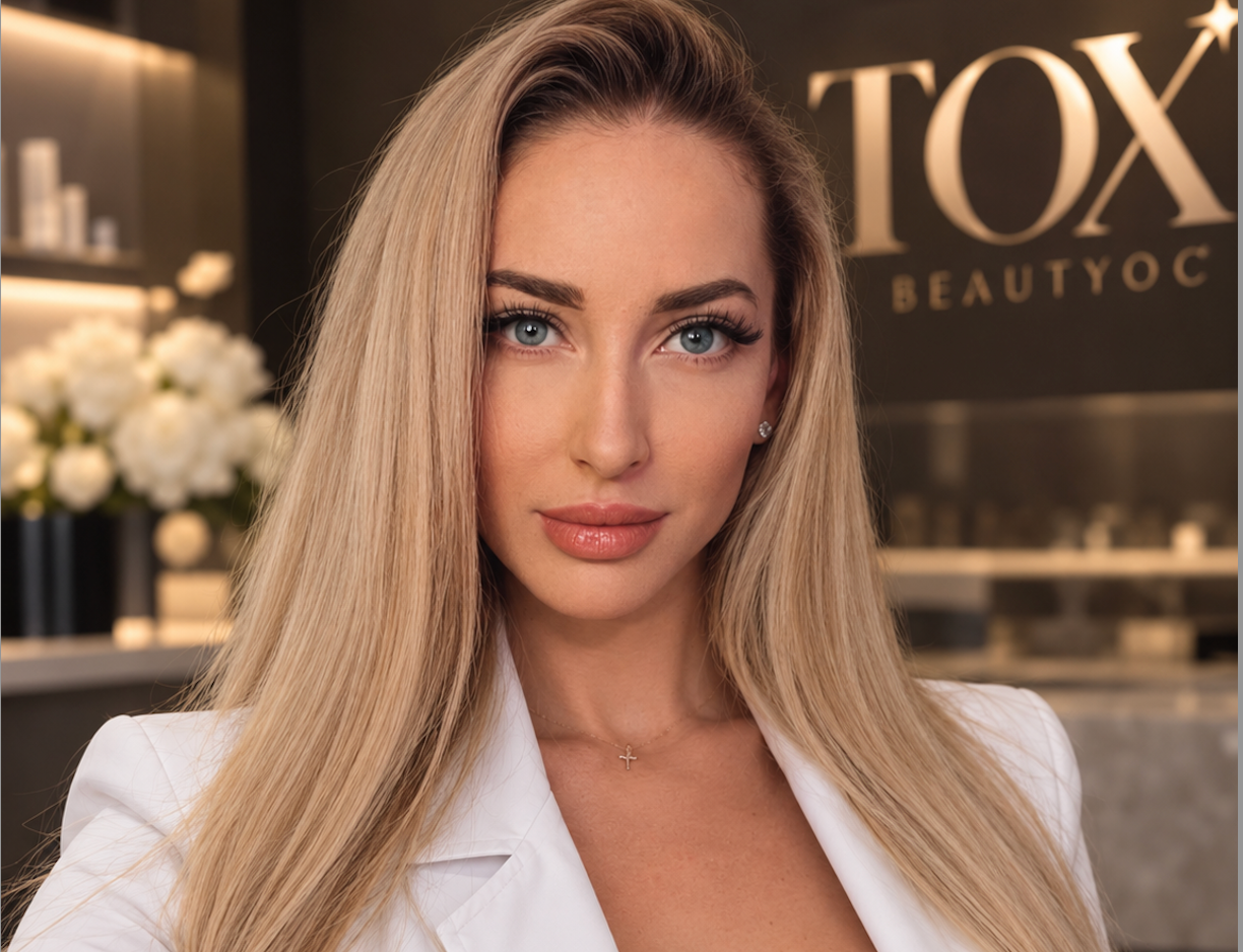 Professional portrait of Cella, DNP, FNP-C, in a white medical coat at Tox Beauty OC.