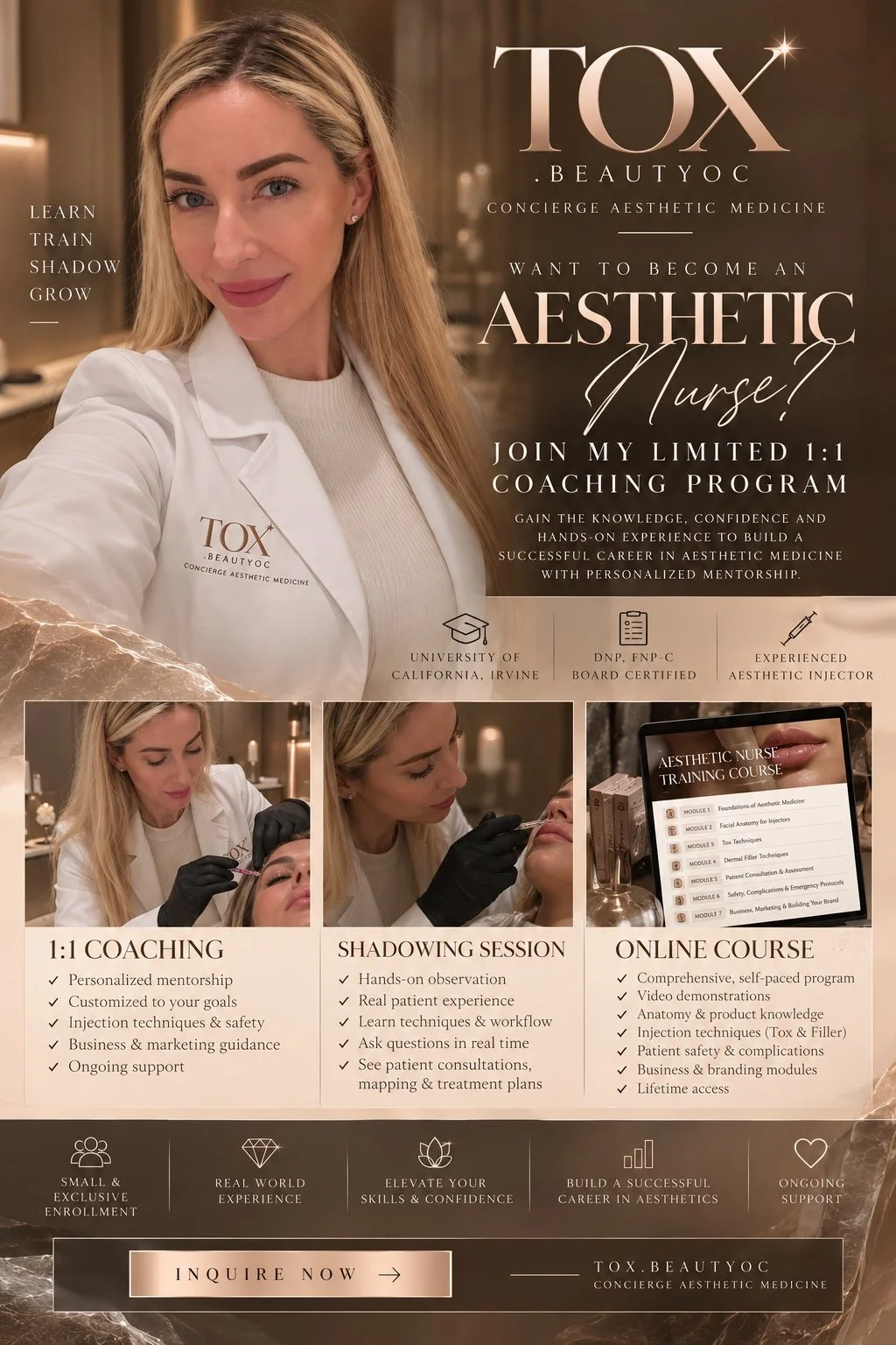 TOX.BEAUTYOC aesthetic nurse mentorship flyer featuring Cella, DNP, FNP-C, coaching, shadowing and online education.