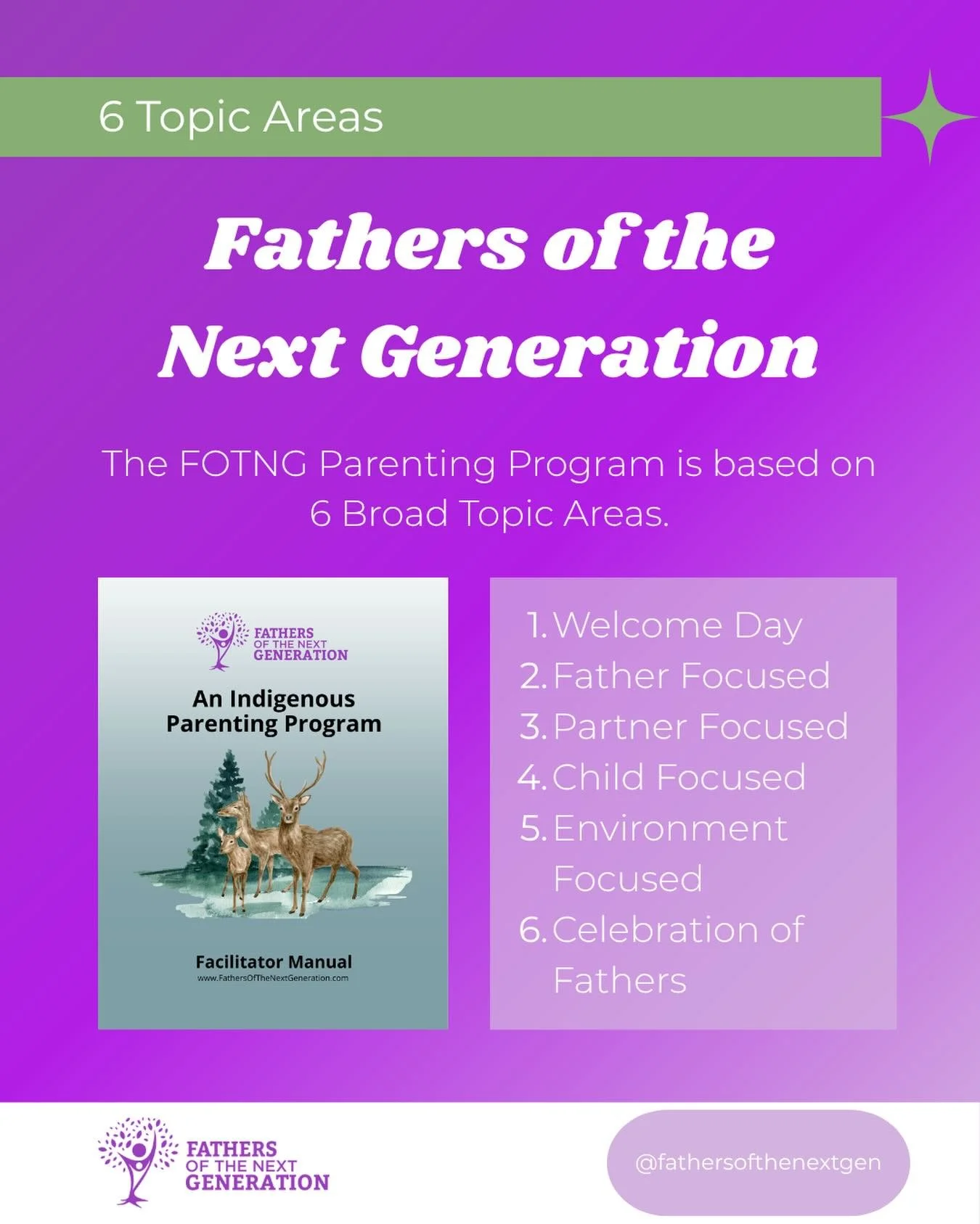 The Fathers of the Next Generation project is building a parenting program by and for Indigenous fathers. Our program is based on 6 key themes. 6️⃣ To learn more about each theme check out our website 🔗
