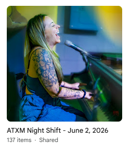 Woman singing passionately into a microphone while playing the piano during an ATXM Night Shift event on June 2, 2026.