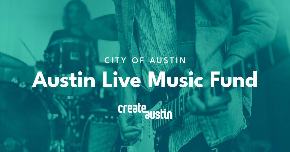 A person playing electric guitar with a drummer in the background, promoting the Austin Live Music Fund by the city of Austin and Create Austin.