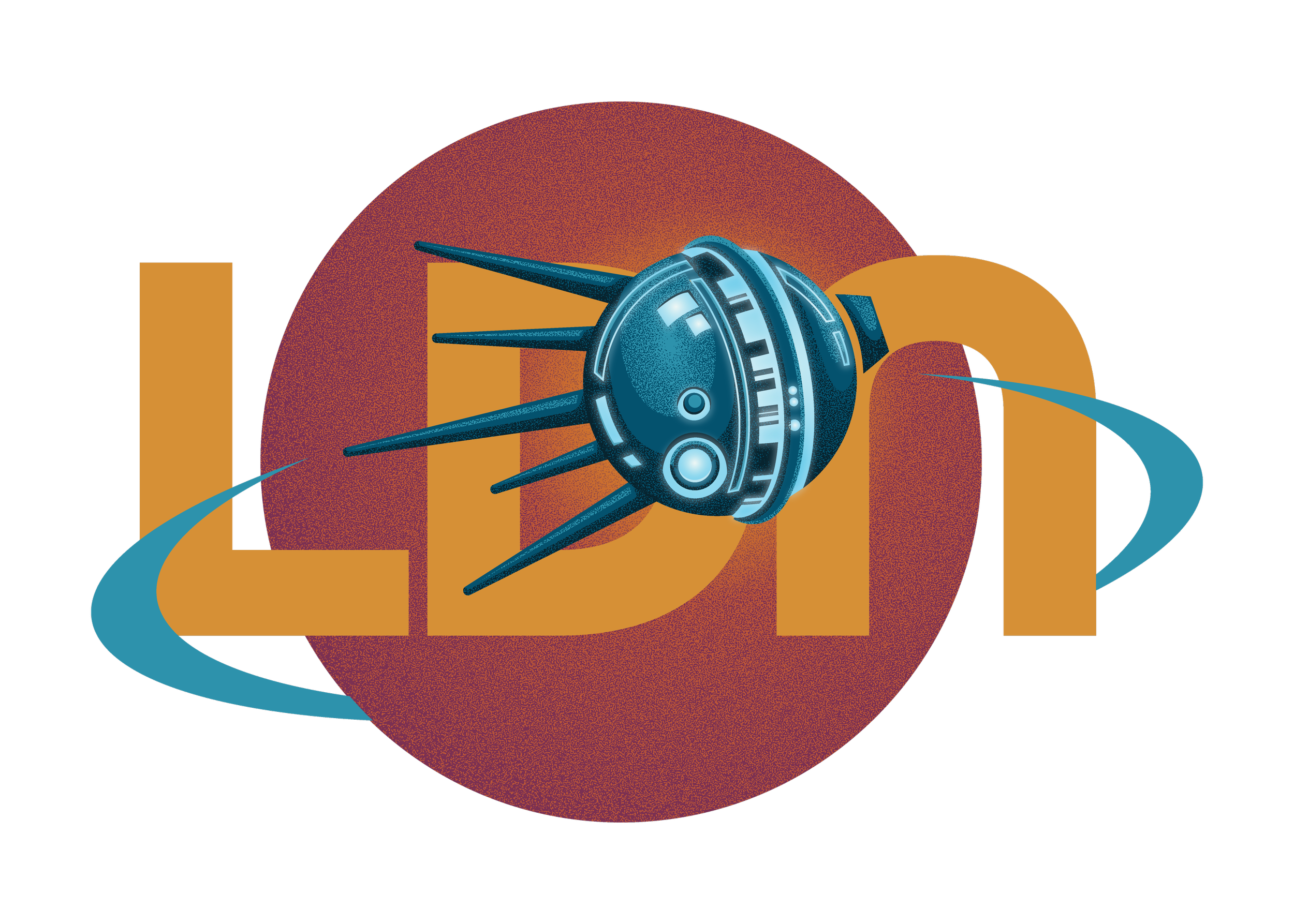Long Day's Nigth Satellite Series logo of the LDN letters over a brugundy celestial body and the blue satellite character orbiting it.