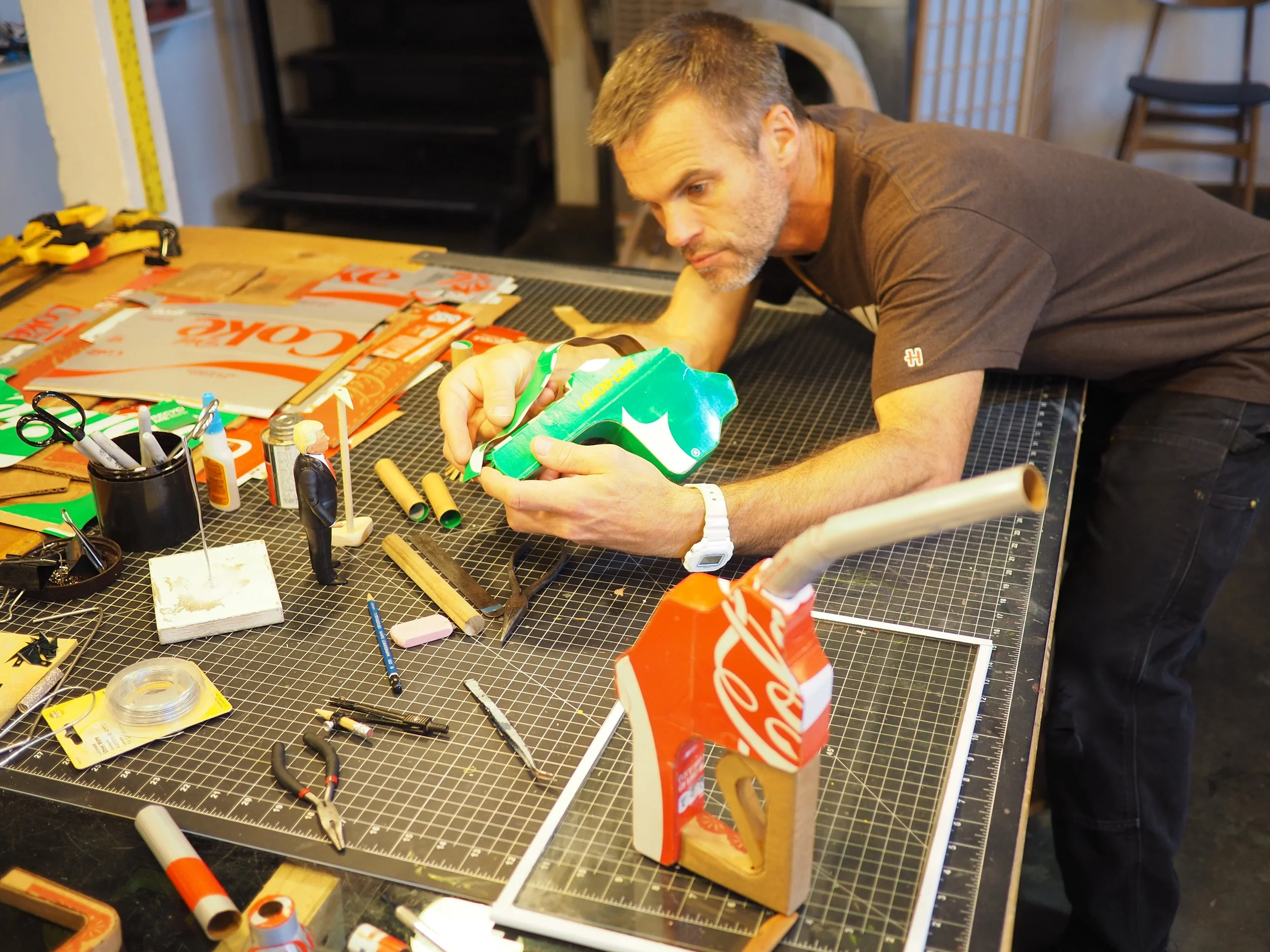 Big oil Sprite soda parody kinetic articulating hand-crafted art sculpture