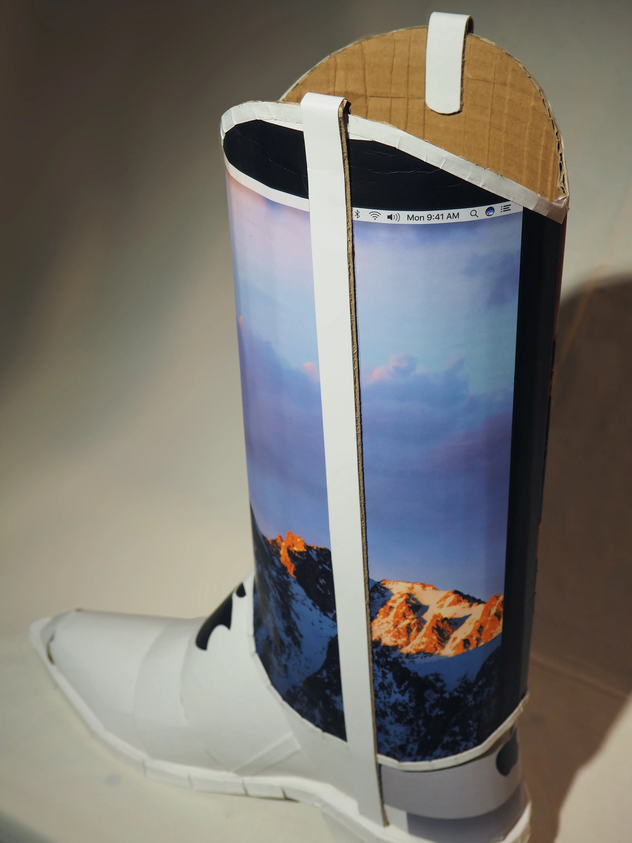 Apple iPhone iMac Macintosh corporate pop culture bashing anti-capitalist woke libs political cowboy boot recycled material fine art sculpture