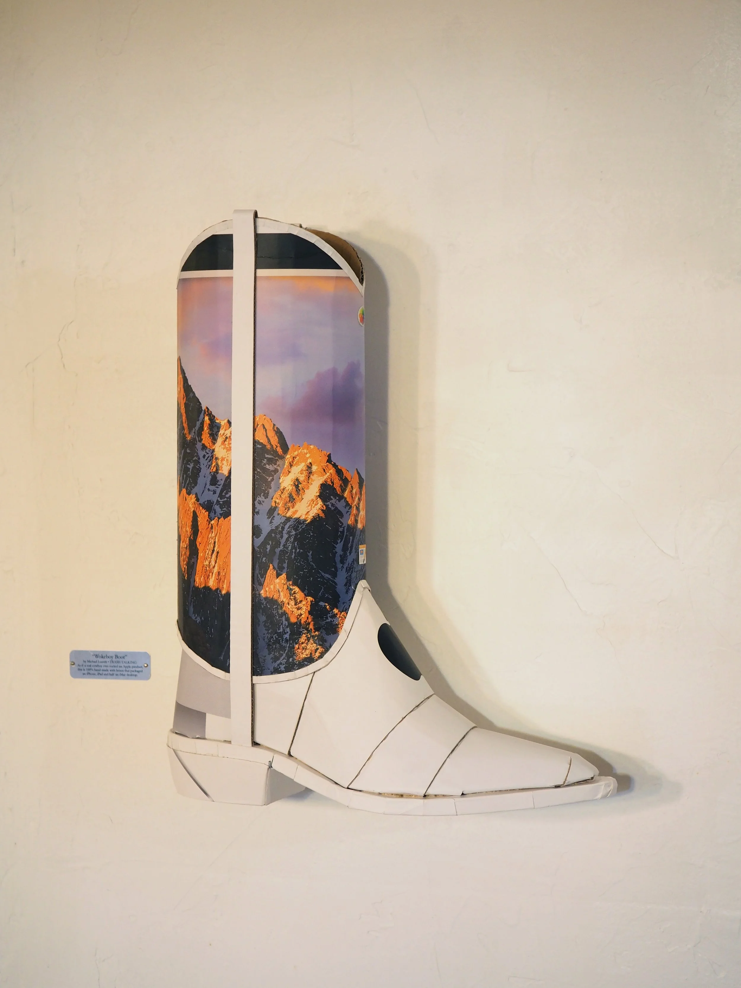 Apple iPhone iMac Macintosh corporate pop culture bashing anti-capitalist woke libs political cowboy boot recycled material fine art sculpture