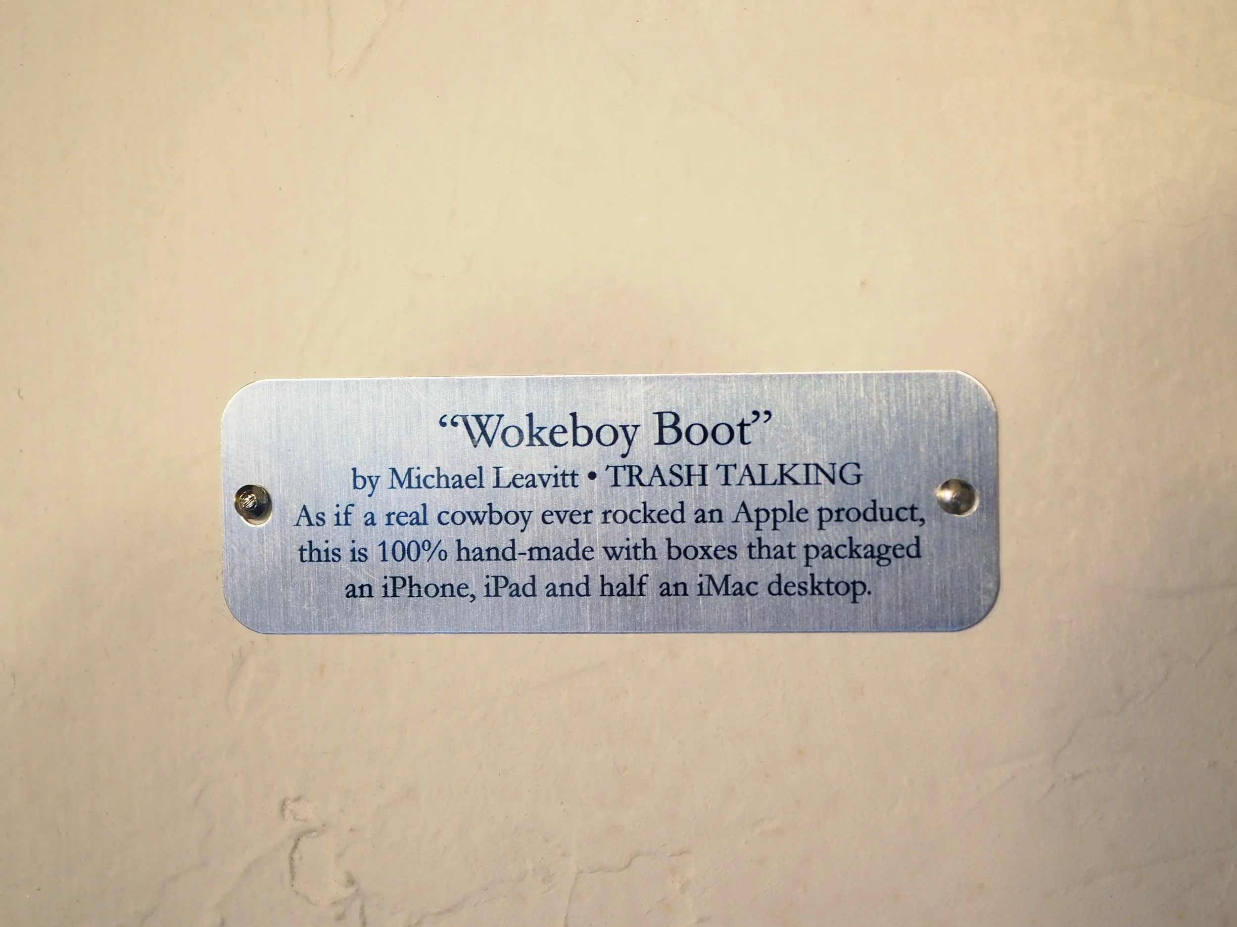 Apple iPhone iMac Macintosh corporate pop culture bashing anti-capitalist woke libs political cowboy boot recycled material fine art sculpture