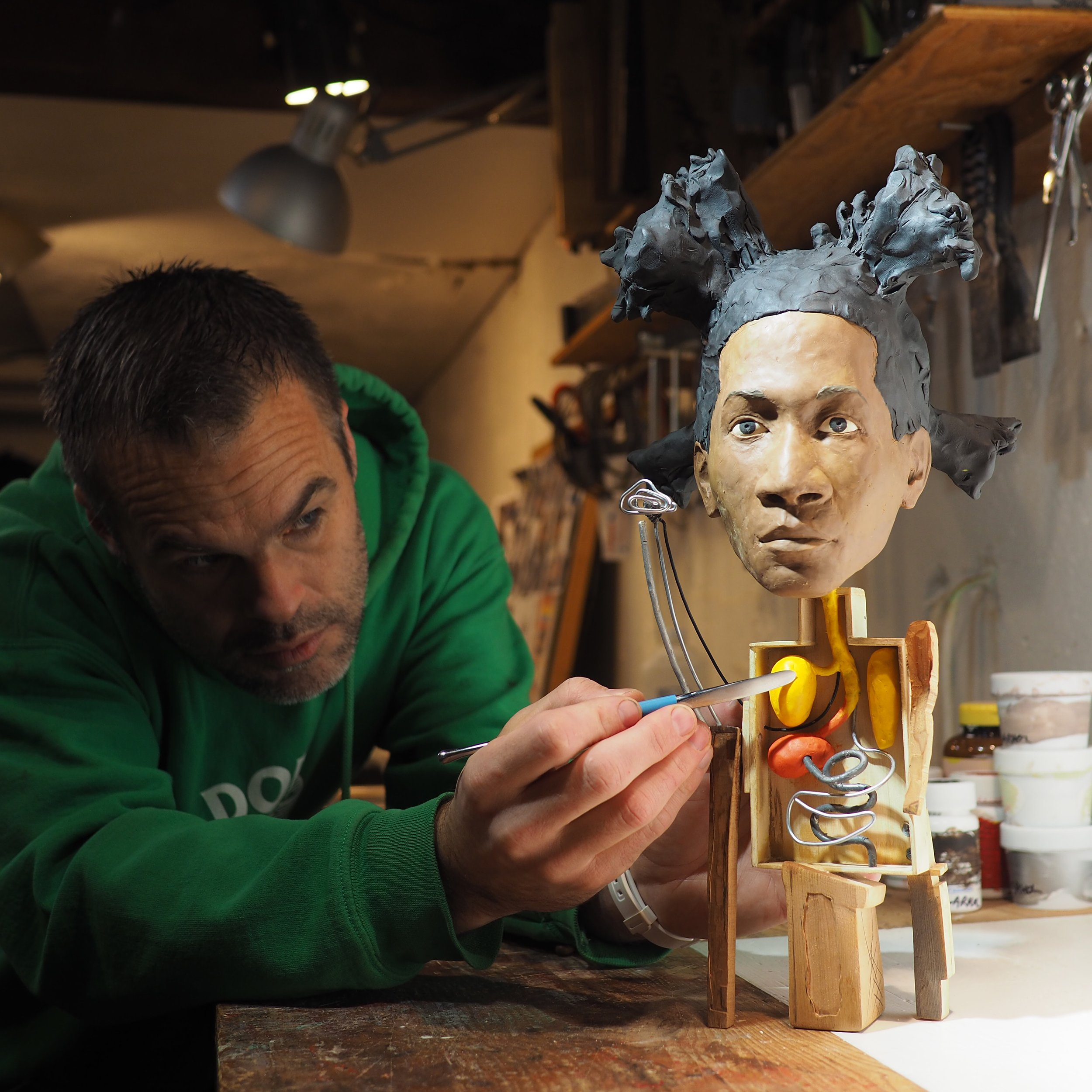 Jean-Michel Basquiat modern contemporary pop fine art hand-made one-off one-of-a-kind hand-carved wood clay statuary statue sculpture