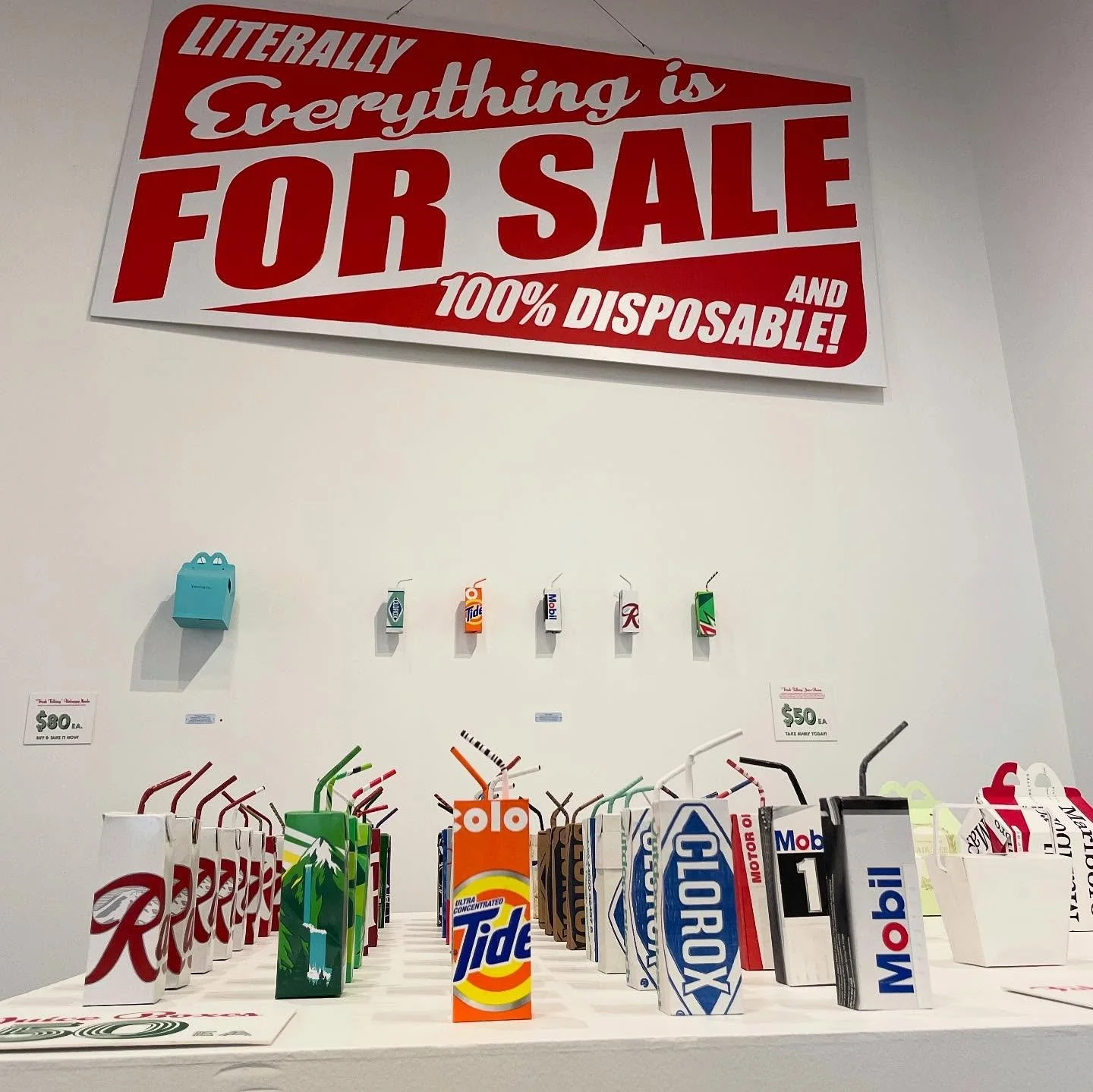 I made 30 new juice boxes as part of my &ldquo;Good Buy! Cruel World&rdquo; exhibit on now til Nov.30 @vashoncenter. GALLERY IS OPEN TODAY! Hours: Noon-5p PST Wed-Sun.