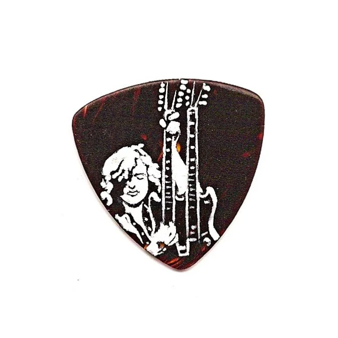 just went live auctioning my hand painted Jimmy pick. Found plastic 1.3 x 1.3&rdquo; guitar pick I painted with a tiny enamel portrait of Jimmy Page with his double necked Gibson. Auction just went live - link in my bio.