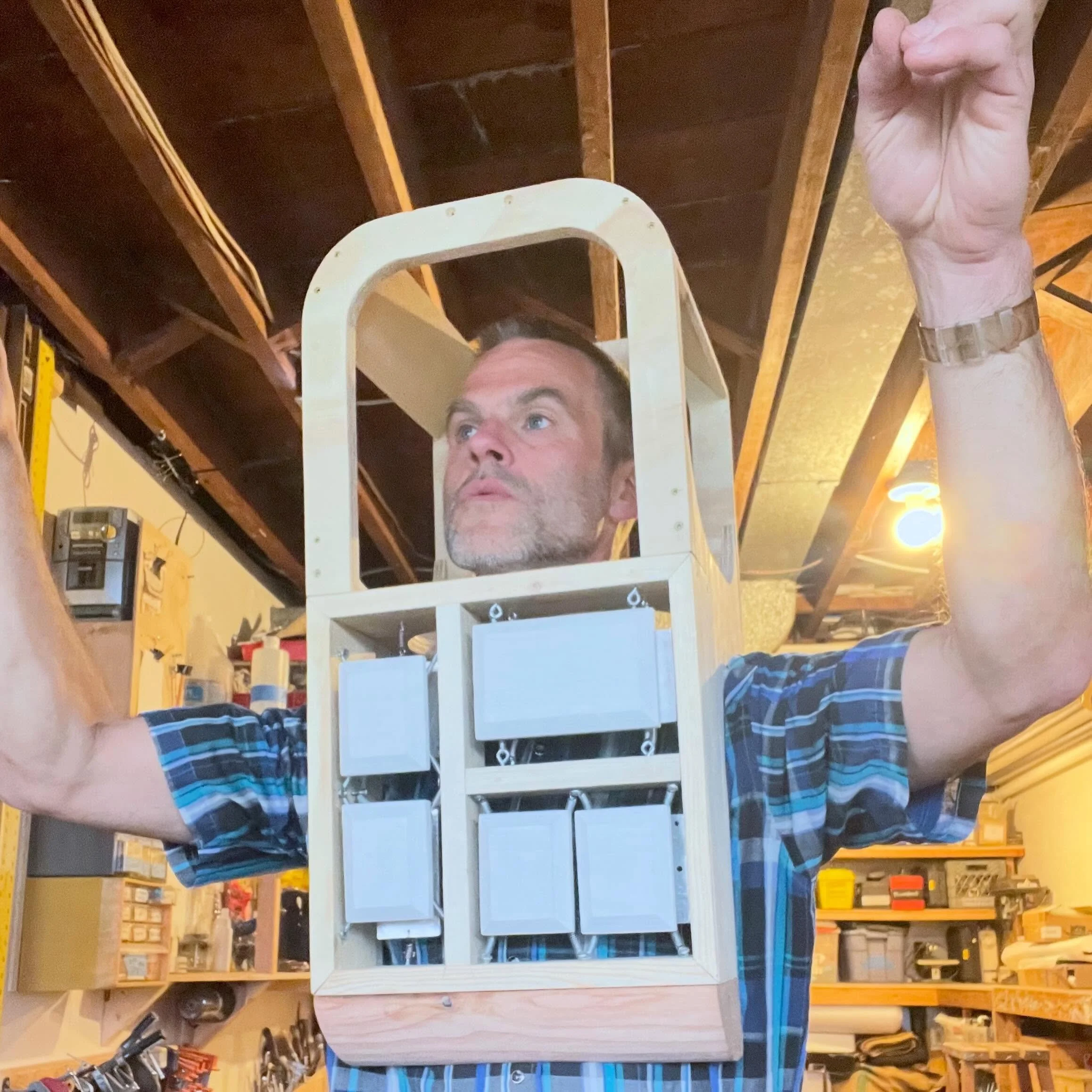 slowly building a new iteration of #PushButtonPerformer piece I did first in 1999. First I was a performer in a box. Then I improved the box. Then I mobilized myself with a chest panel of buttons. Then I added a TV head. I tried all these iterations 