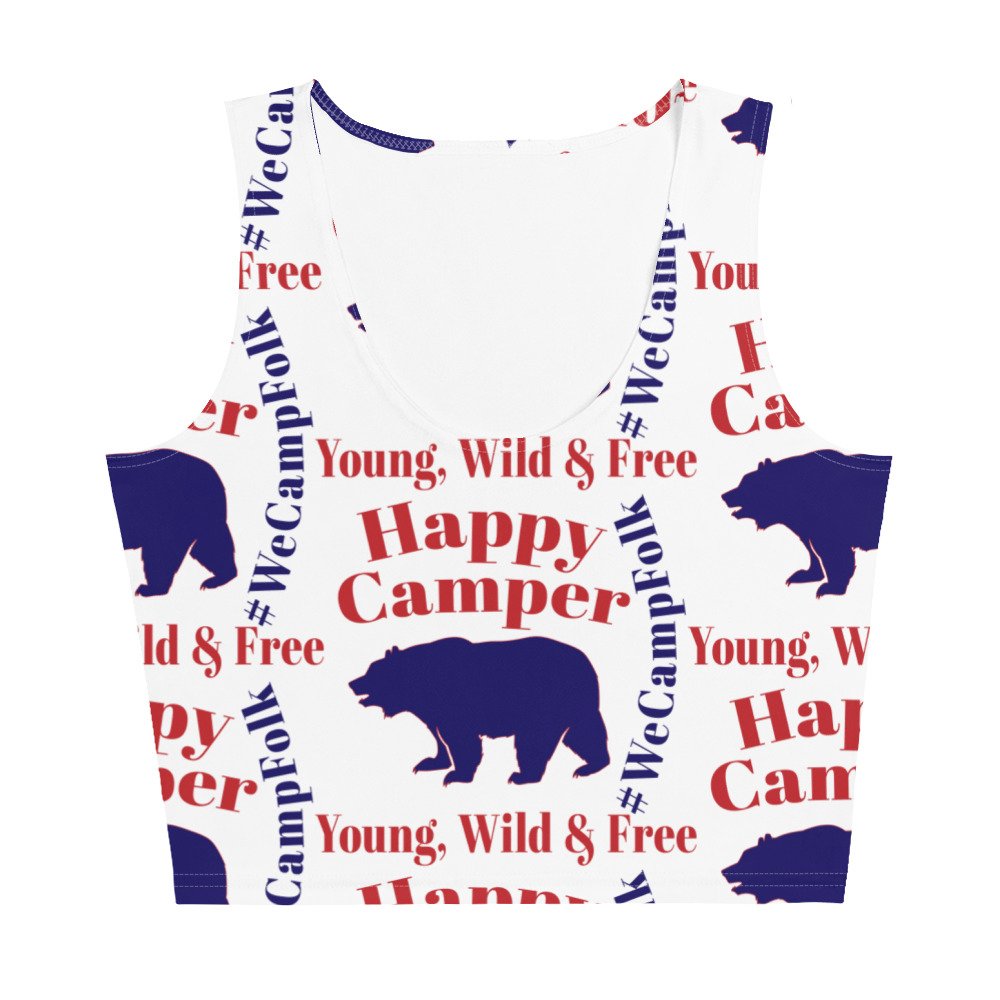 Ladies girls teens Happy Camper Young Wild & Free bear crop tank top fun camping shirts camping tanks nature tank tops