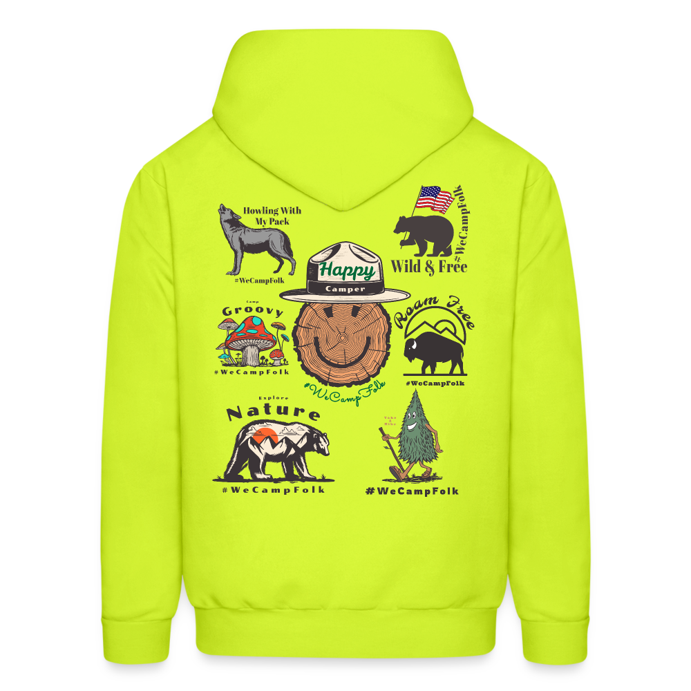 Happy Camper, Wild & Free, mushroom, tent camping, buffalo, bear with mountain, hiking tree, American flag Camp Nature Badge Camp RV Motorhome Camping Logo Hoodie #WeCampFolk in safety green