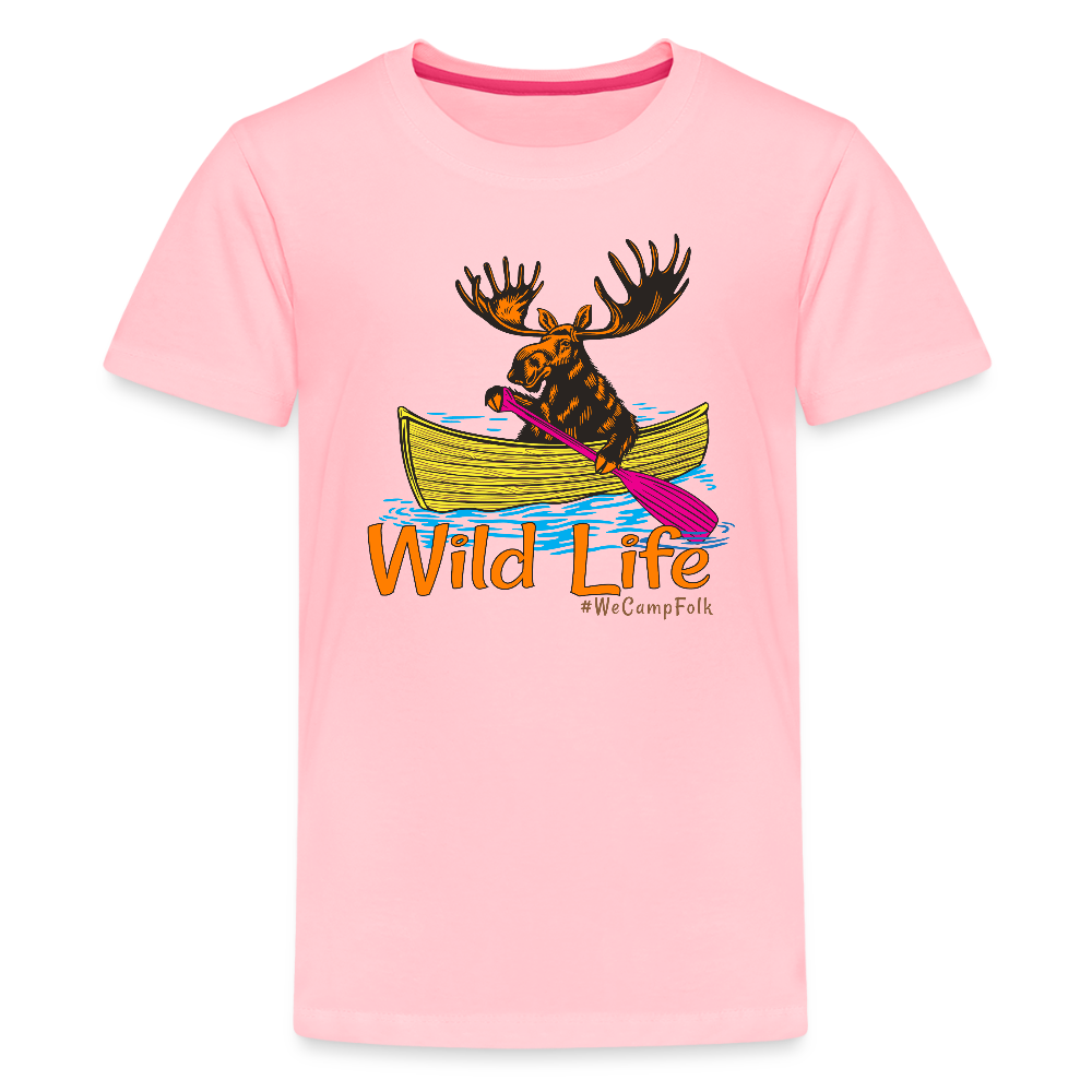 kids girls moose in a canoe wild life camping t shirt in pink