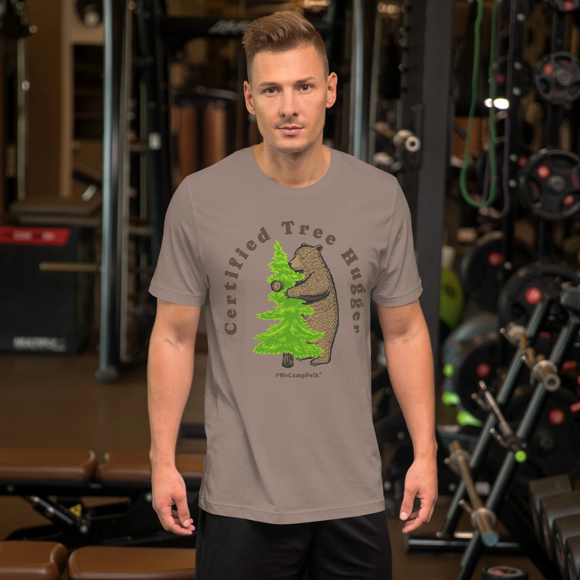 Men's #WeCampFolk Nature t-shirt Certified Tree Hugger Bear Hugging Tree unisex-staple-t-shirt-pebble-front